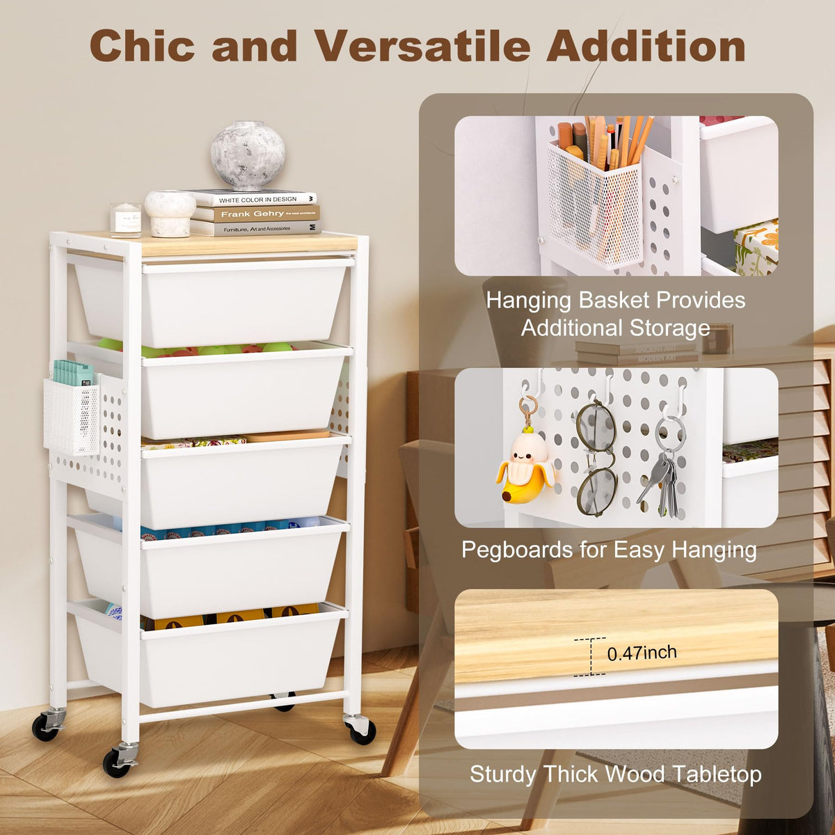 Rolling Storage Cart with 5 Plastic Drawers and Wooden Tabletop Z9368