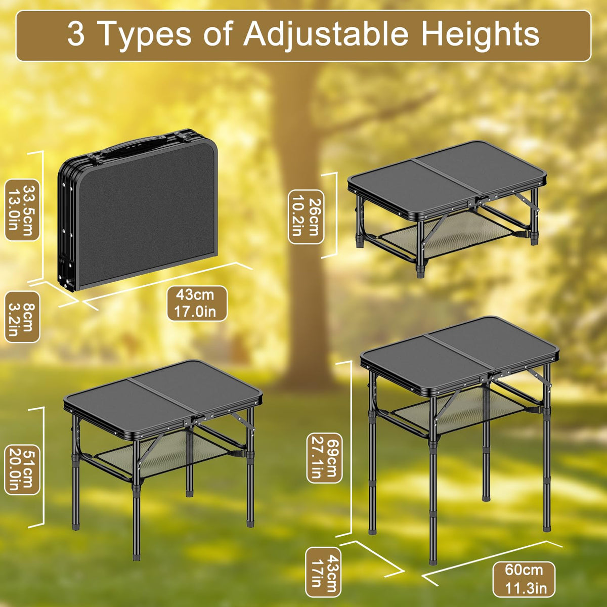 2 FT Folding Camping Table with 3 Adjustable Height L505