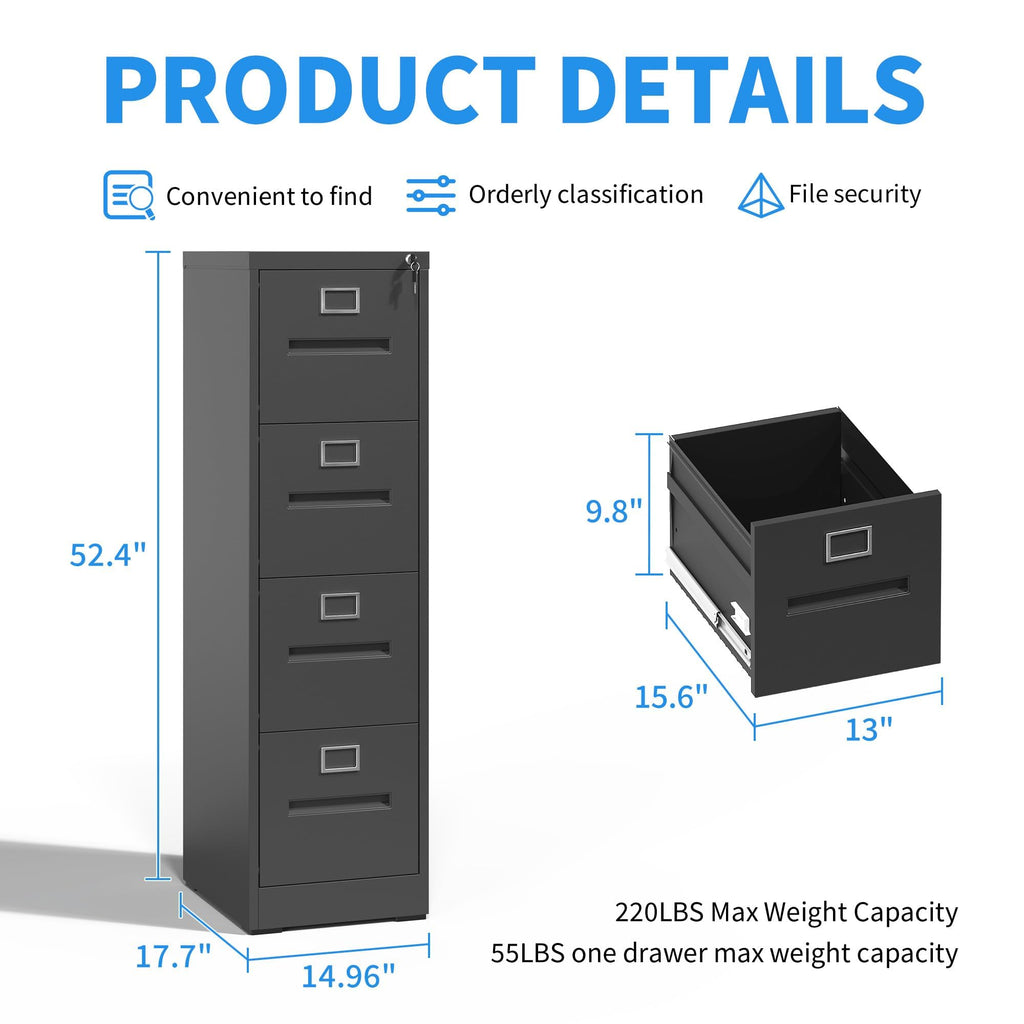 Black 4 Drawer Metal File Cabinet with Lock U884