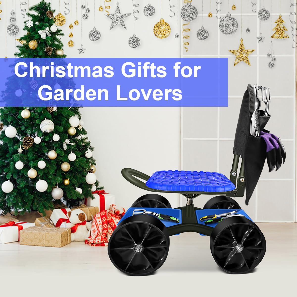 Blue Rolling Garden Cart with Four Wheels and Tool Bag E9801