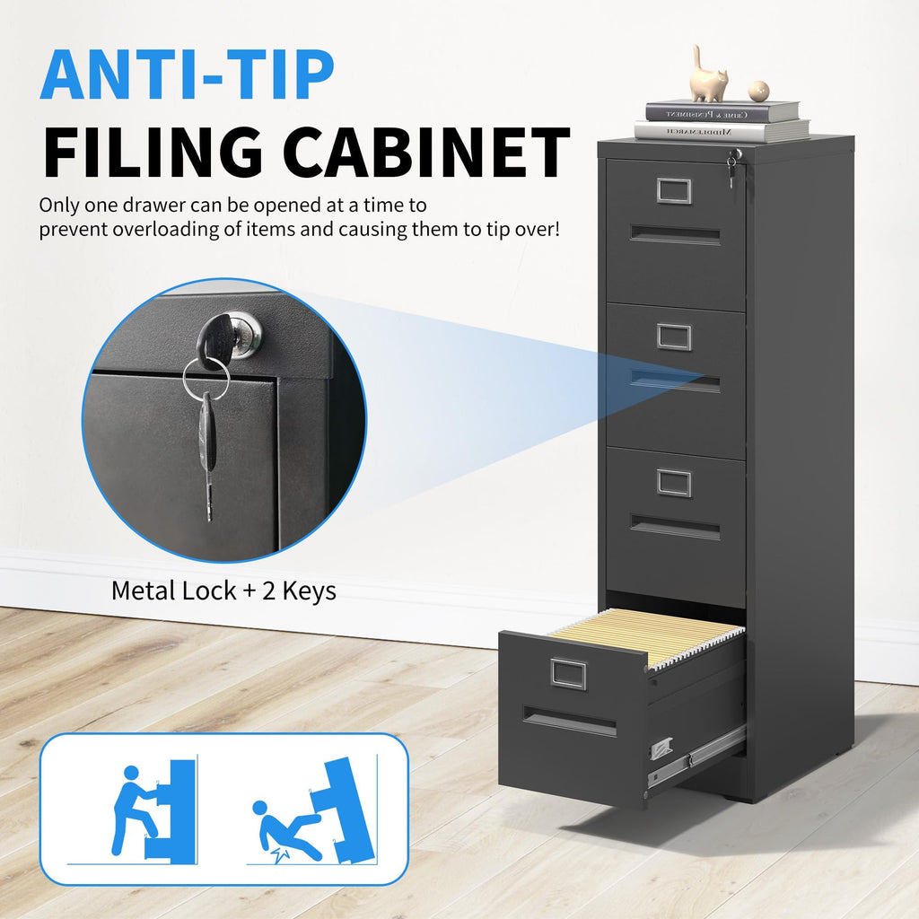 Black 4 Drawer Metal File Cabinet with Lock U884
