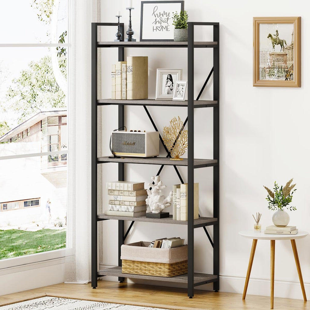 5 Tier Grey Wood and Metal Bookshelf N512