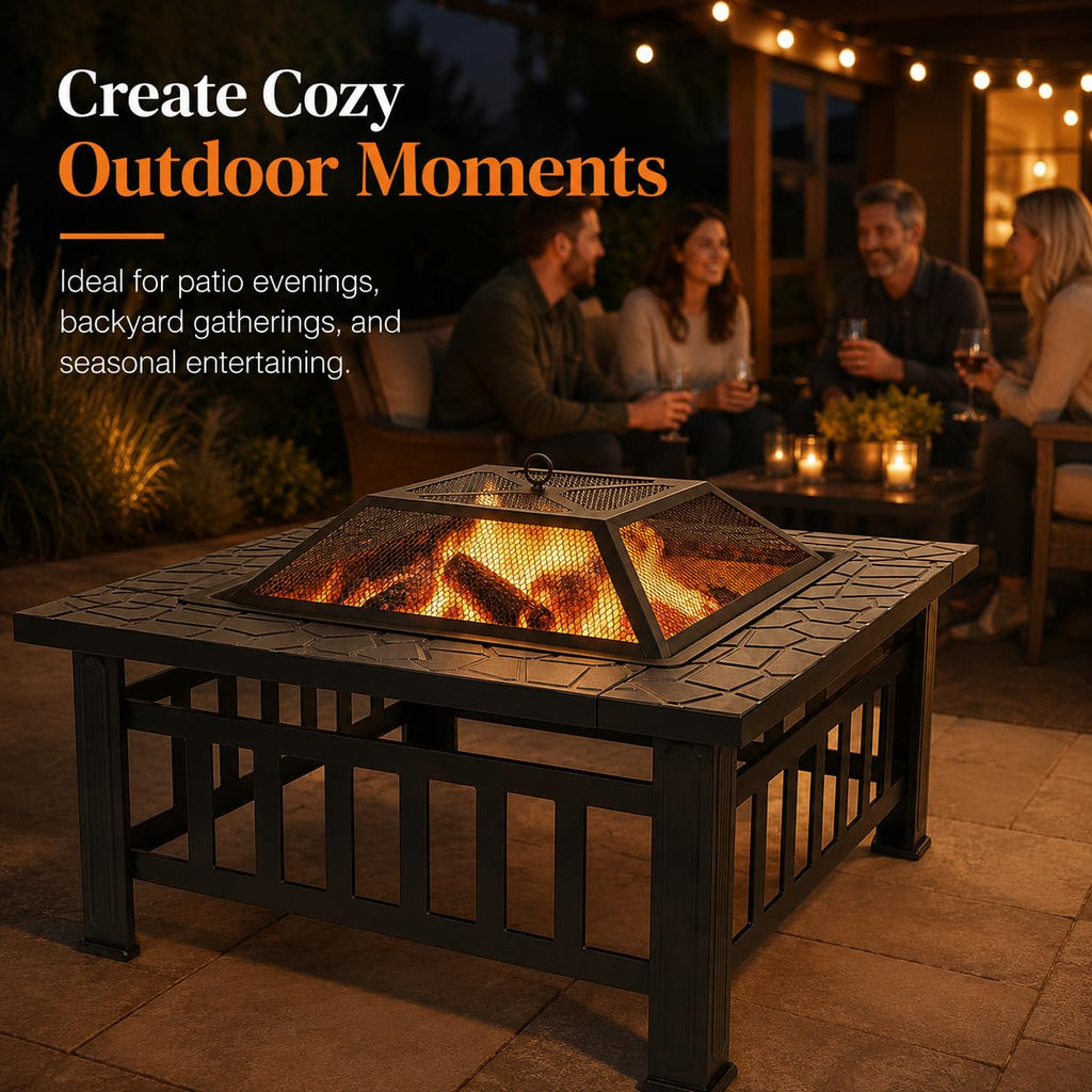 32 Inch Square Metal Wood Burning Fire Pit with Spark Screen and Poker U434046