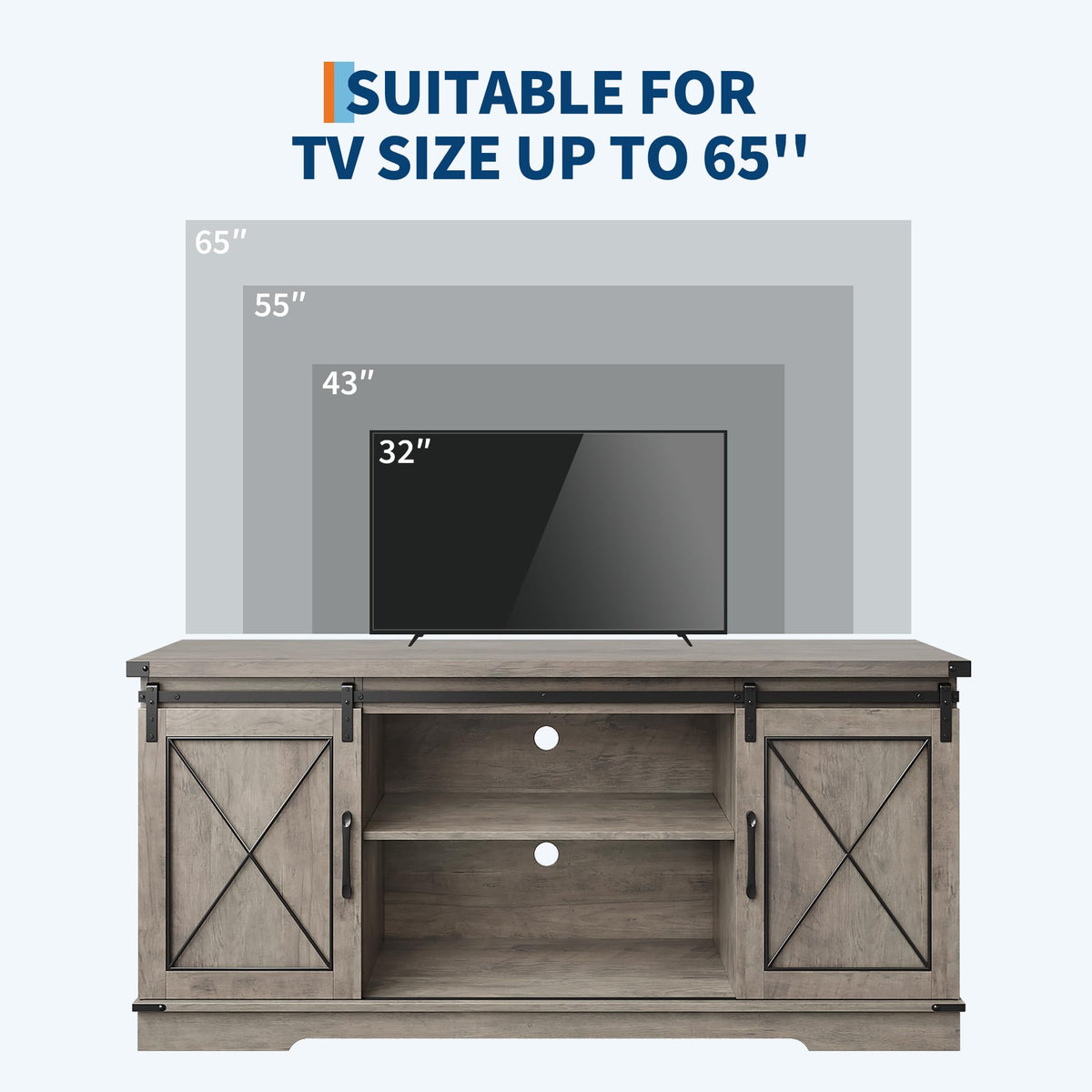 Farmhouse TV Stand with Sliding Barn Doors and Storage Cabinets J6586