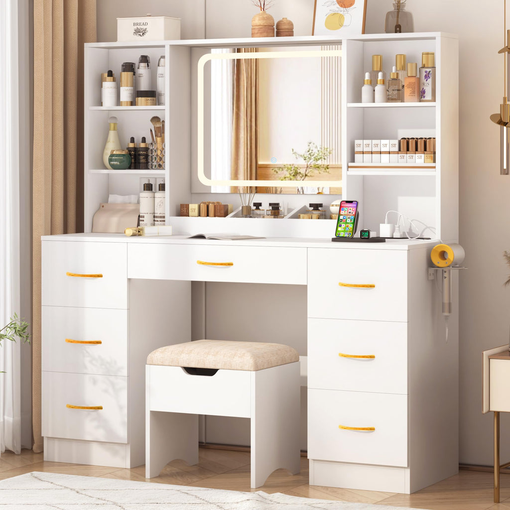 White 47" Makeup Vanity Desk with LED Mirror, Stool & 7 Drawers O321547