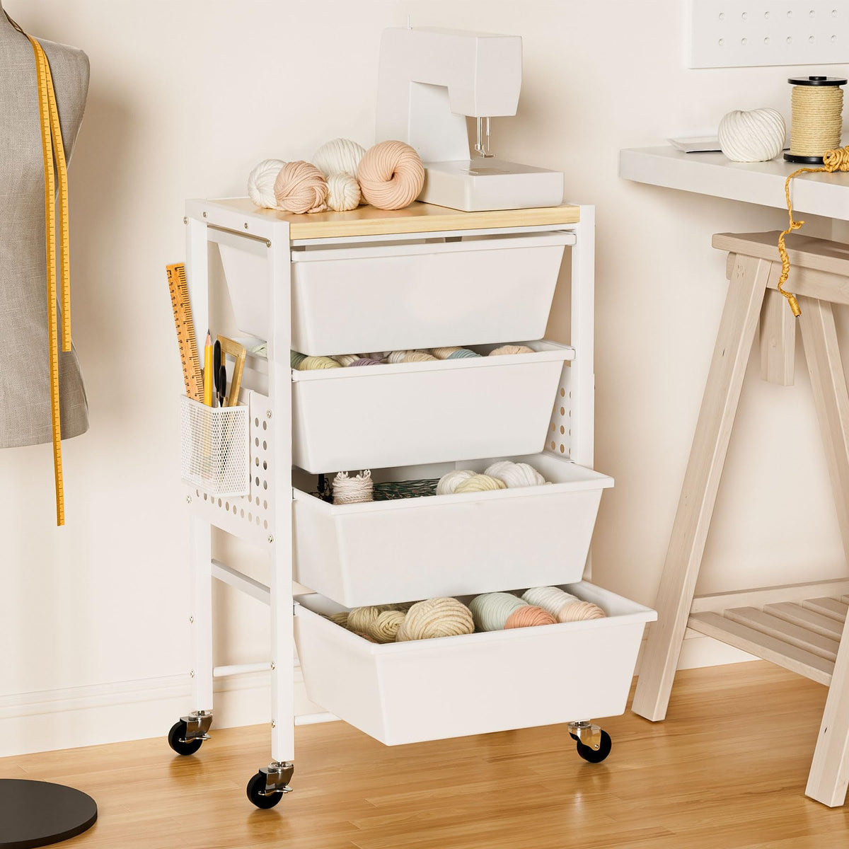 Rolling Storage Cart with 5 Plastic Drawers and Wooden Tabletop Z9368