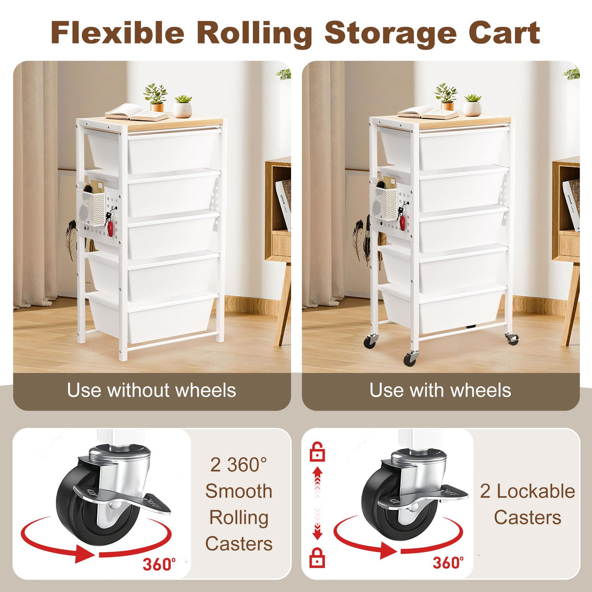 Rolling Storage Cart with 5 Plastic Drawers and Wooden Tabletop Z9368