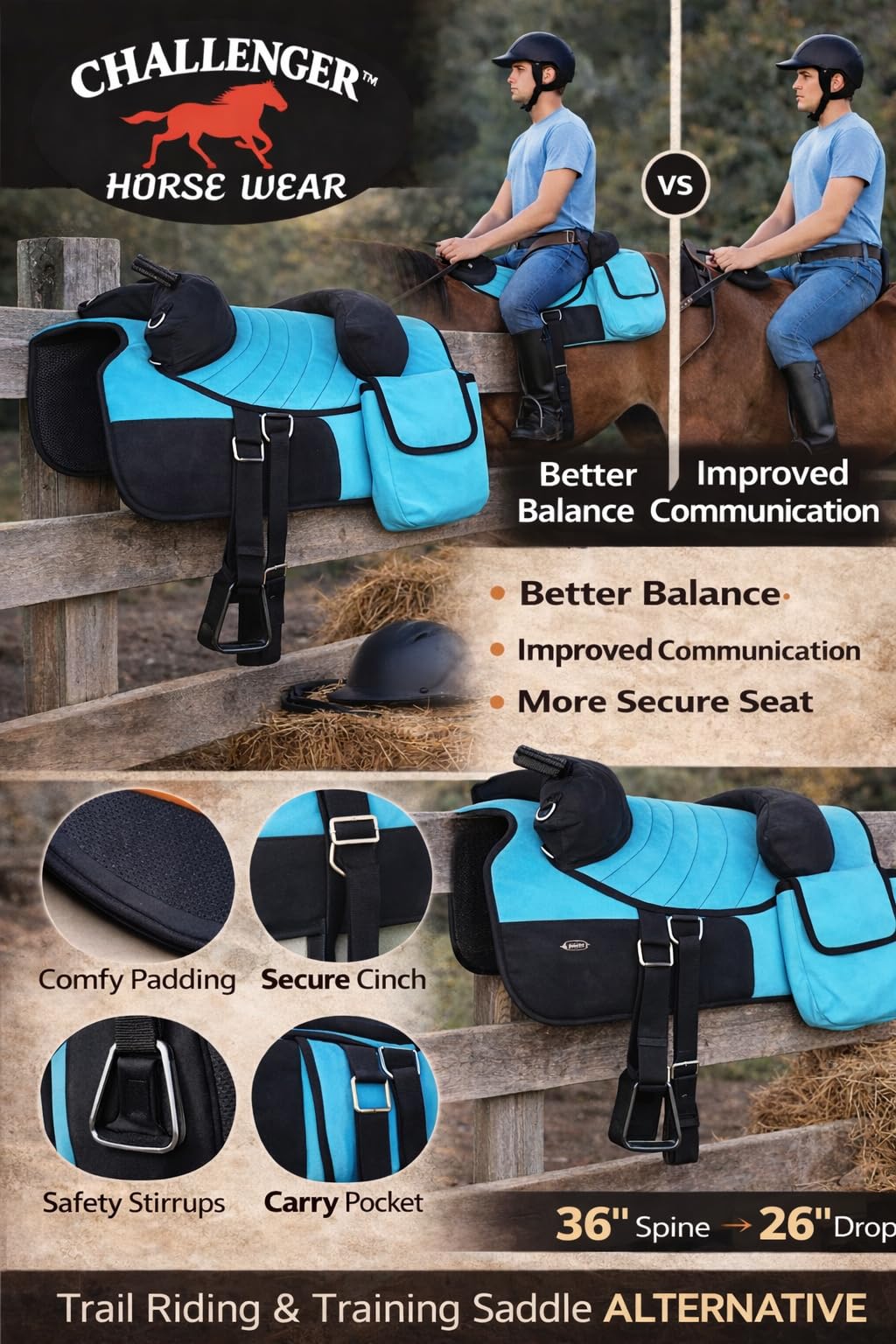 Horse Western Bareback Trail Saddle Pad with Pockets Girth Stirrups Z690572