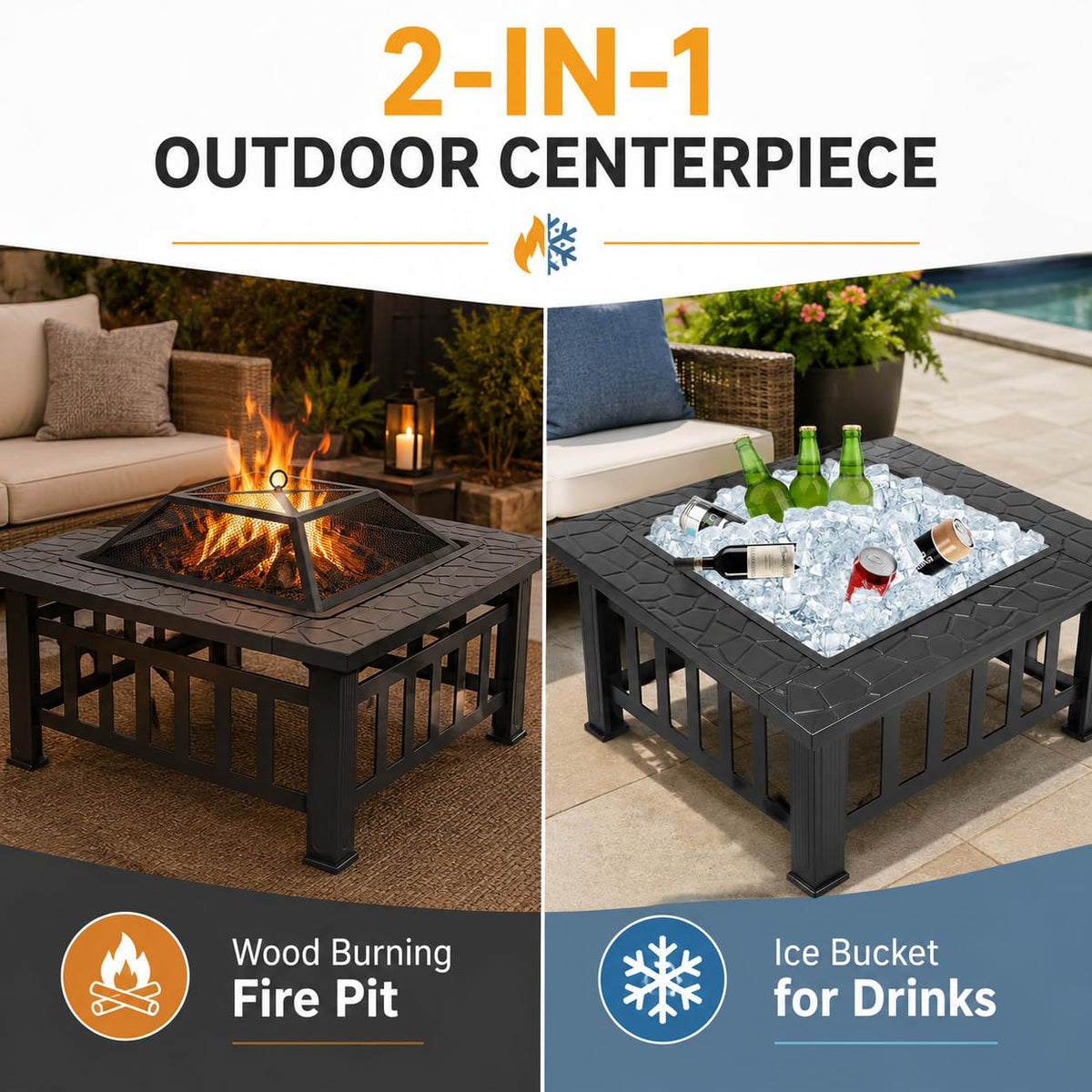 32 Inch Square Metal Wood Burning Fire Pit with Spark Screen and Poker U434046