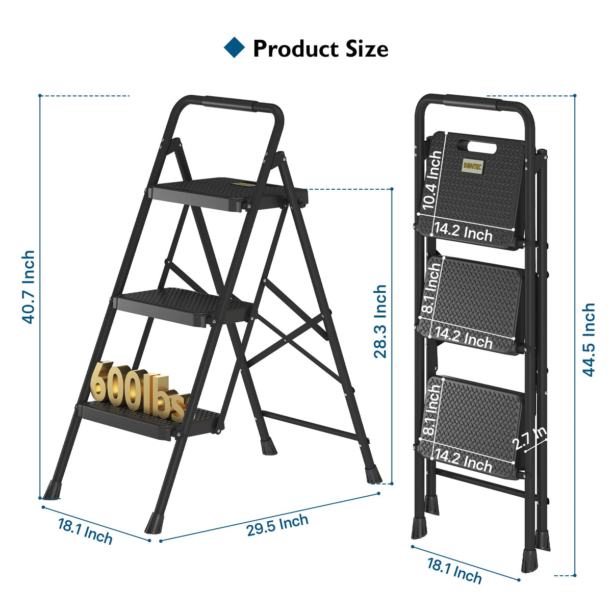 Folding Step Stool 600lbs Max Load Capacity Black S3497