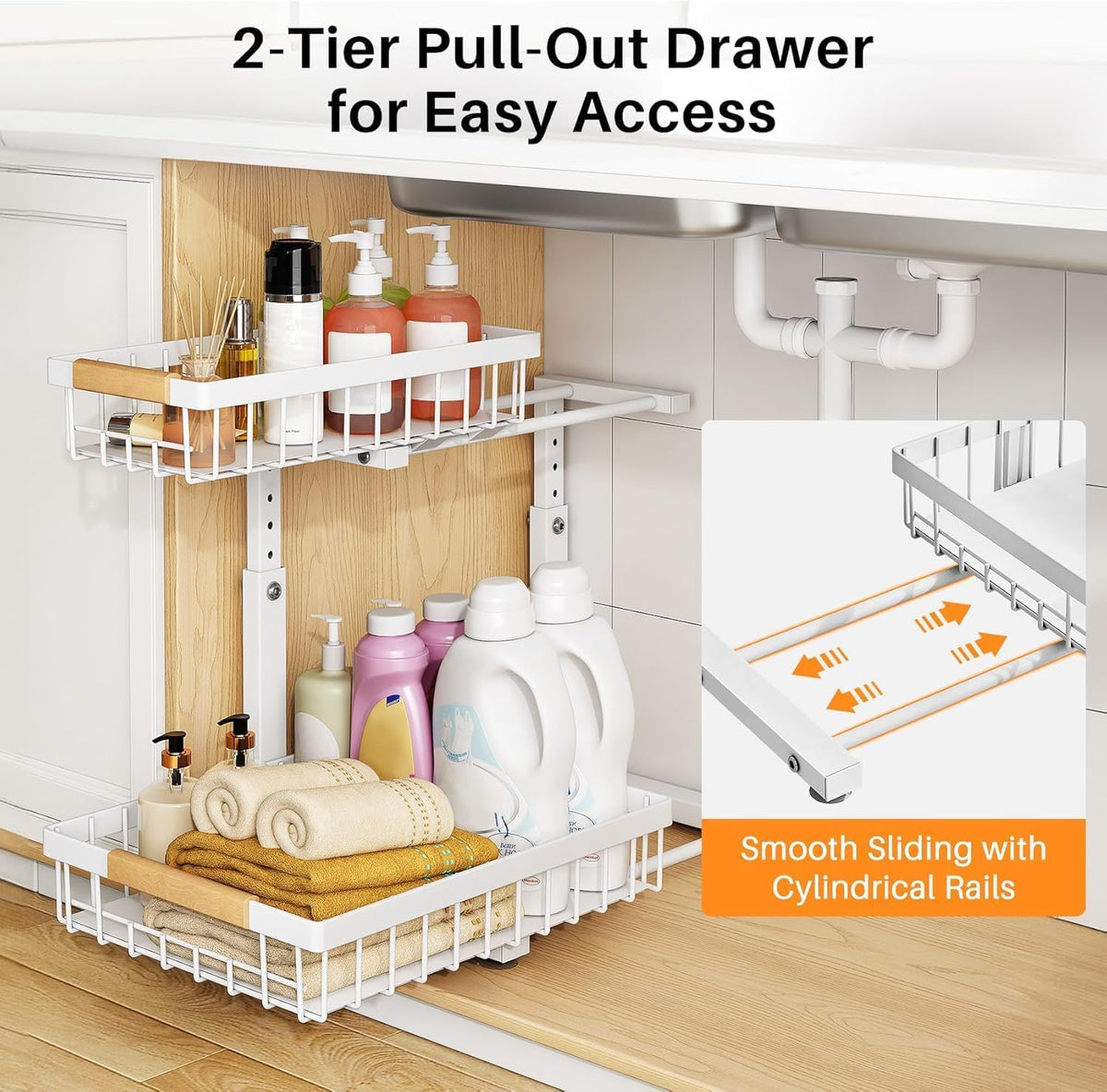 Adjustable 2 Tier Pull Out Under Sink Organizer, White, 2 Pack Y364904