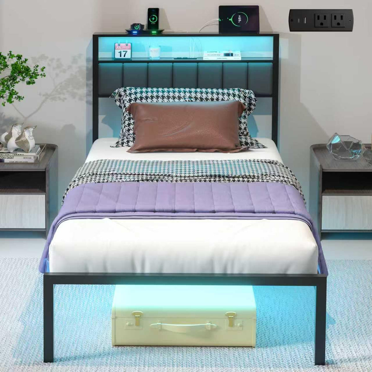 Black Twin Size Platform Bed Frame with Charging Station and LED Lights V704
