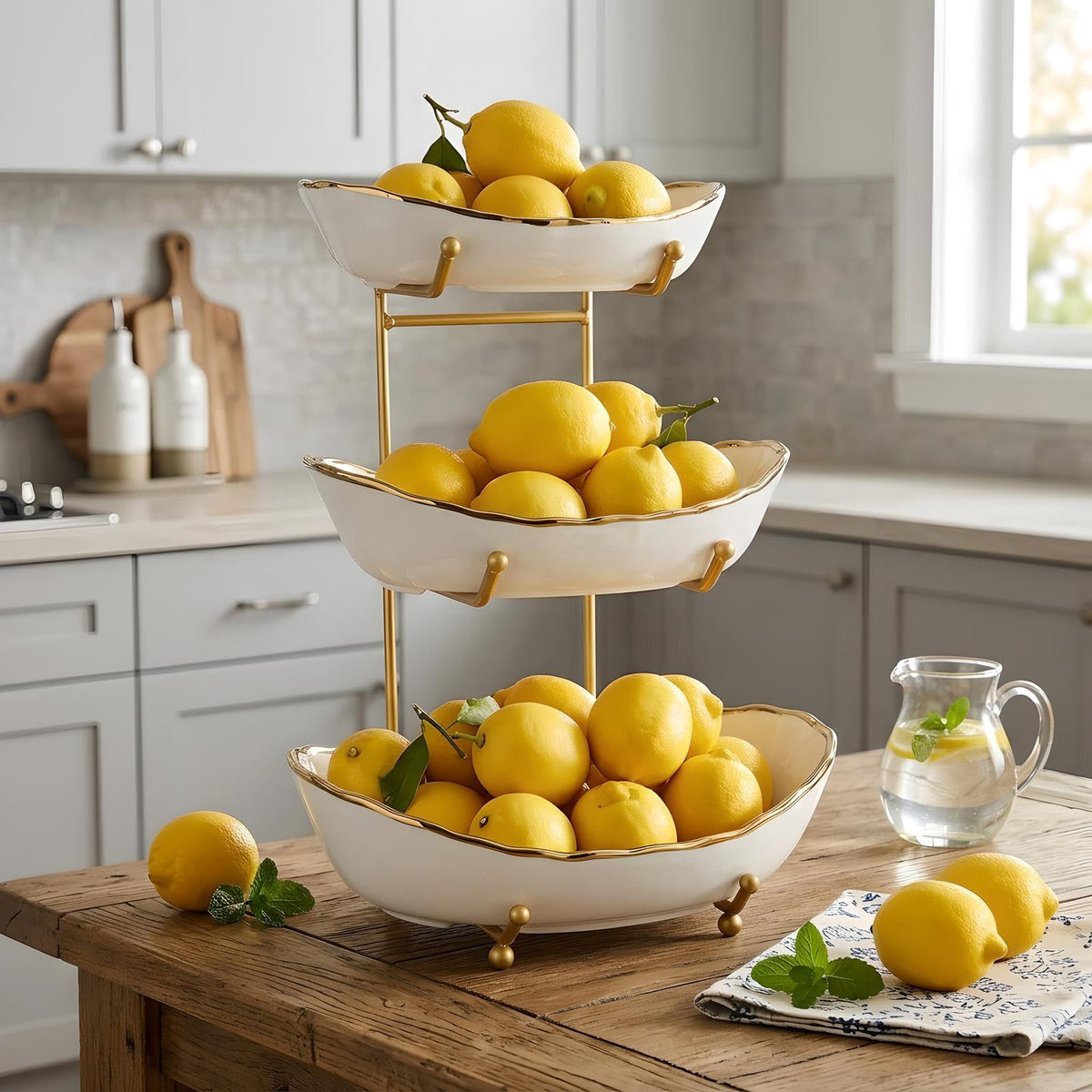 White Ceramic 3 Tier Fruit Bowl with Metal Stand A4852