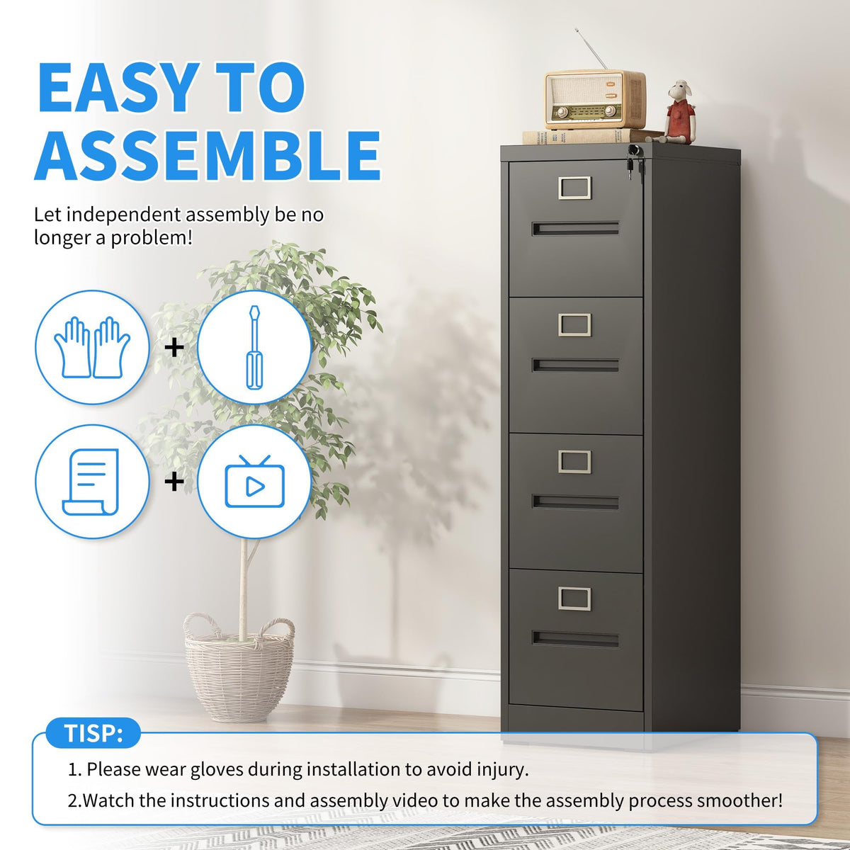 Black 4 Drawer Metal File Cabinet with Lock U884