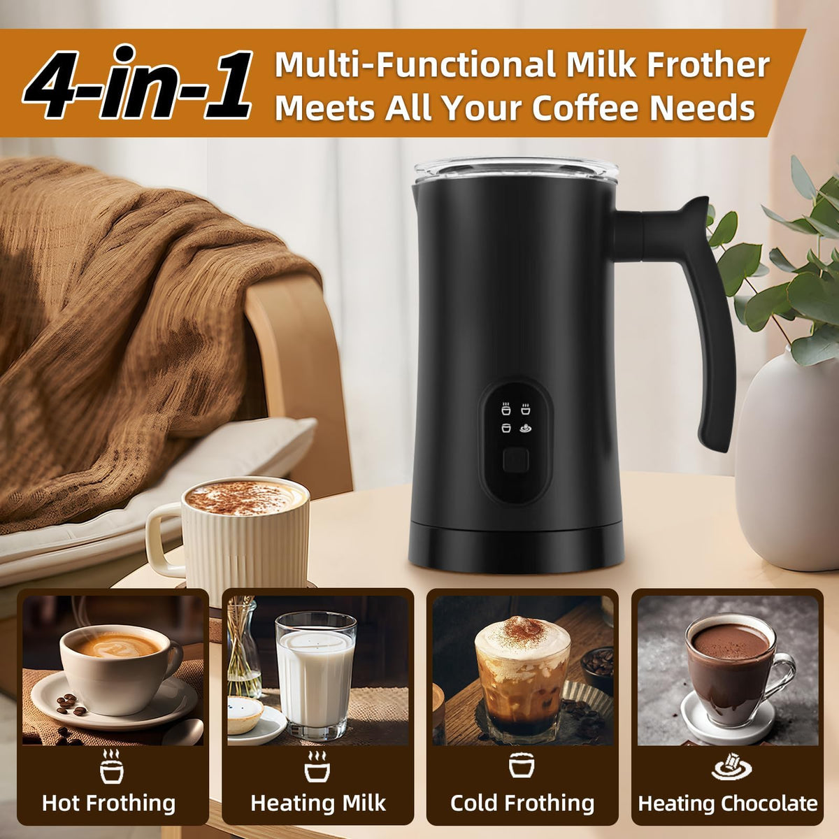 4-in-1 Electric Milk Frother, 350ml Black M932