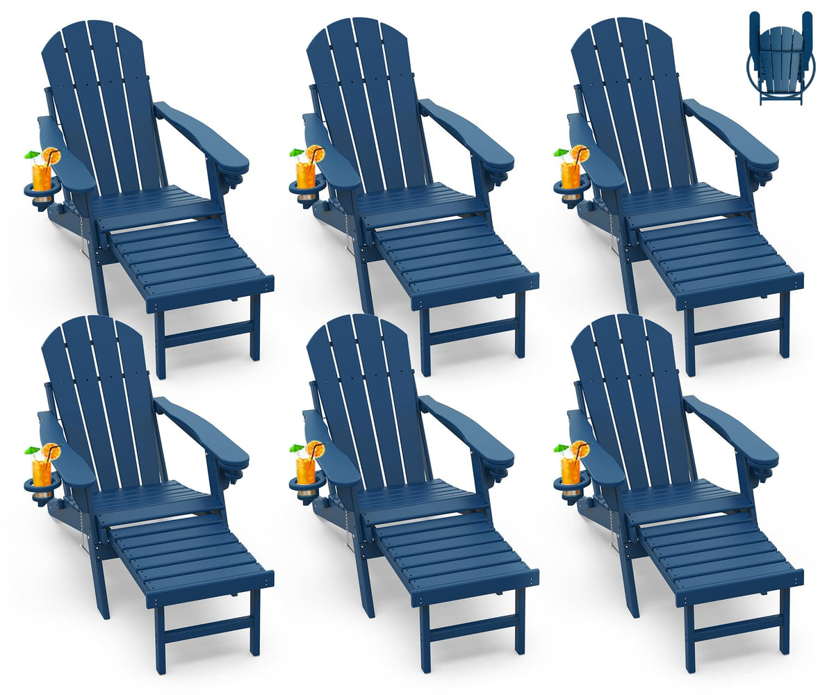 Blue Folding Adirondack Chairs with Ottoman Set of 6 S4360
