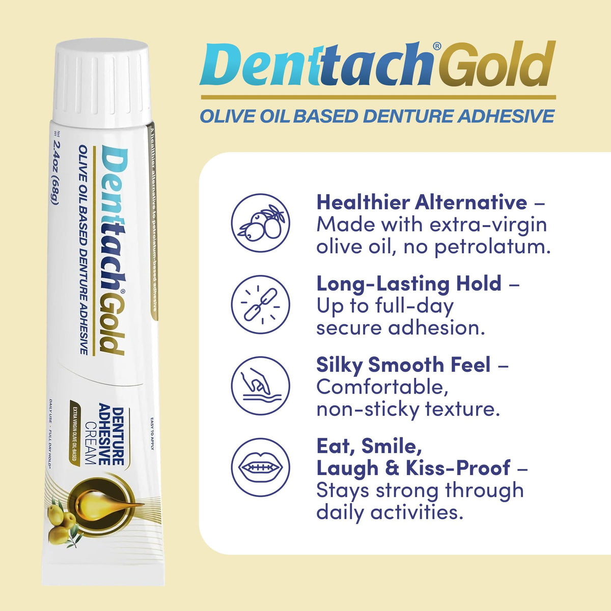 Gold Olive Oil Based Denture Adhesive Cream, Zinc Free, 2.4 Ounce D67597