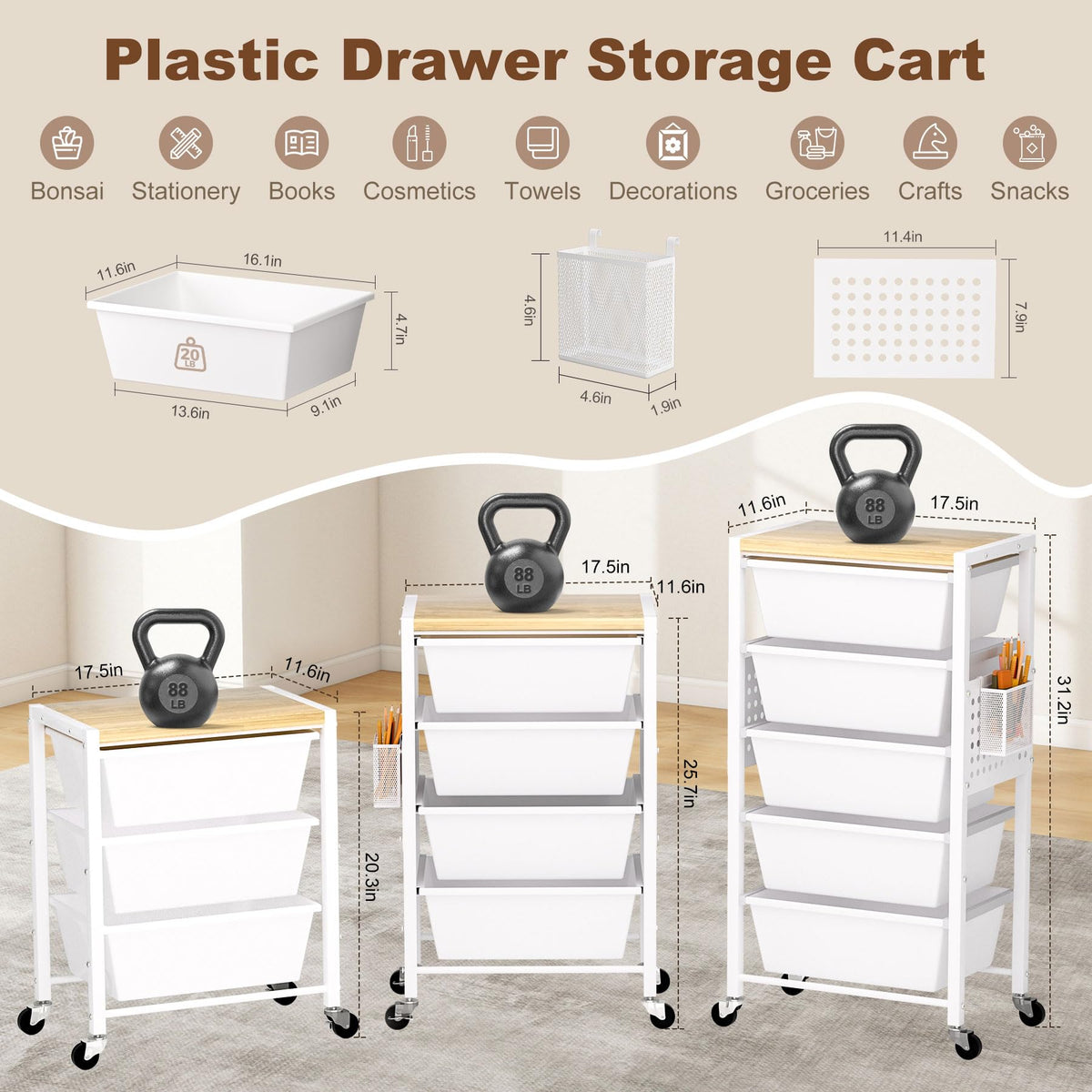 Rolling Storage Cart with 5 Plastic Drawers and Wooden Tabletop Z9368