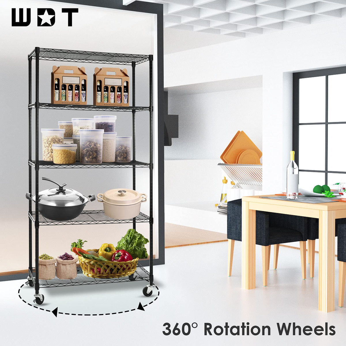 5-Shelf Adjustable Heavy Duty Metal Shelving Unit with Wheels, Black B57096