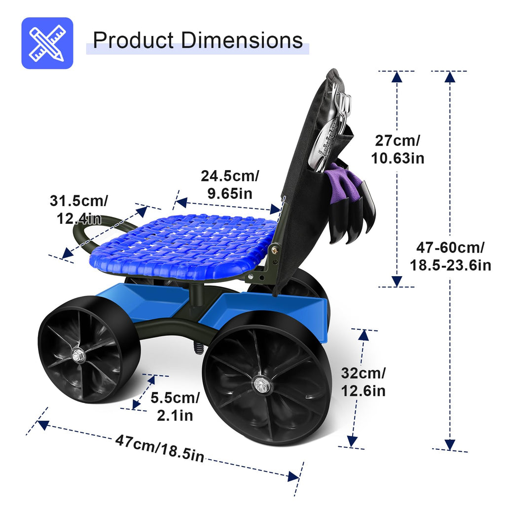 Blue Rolling Garden Cart with Four Wheels and Tool Bag E9801