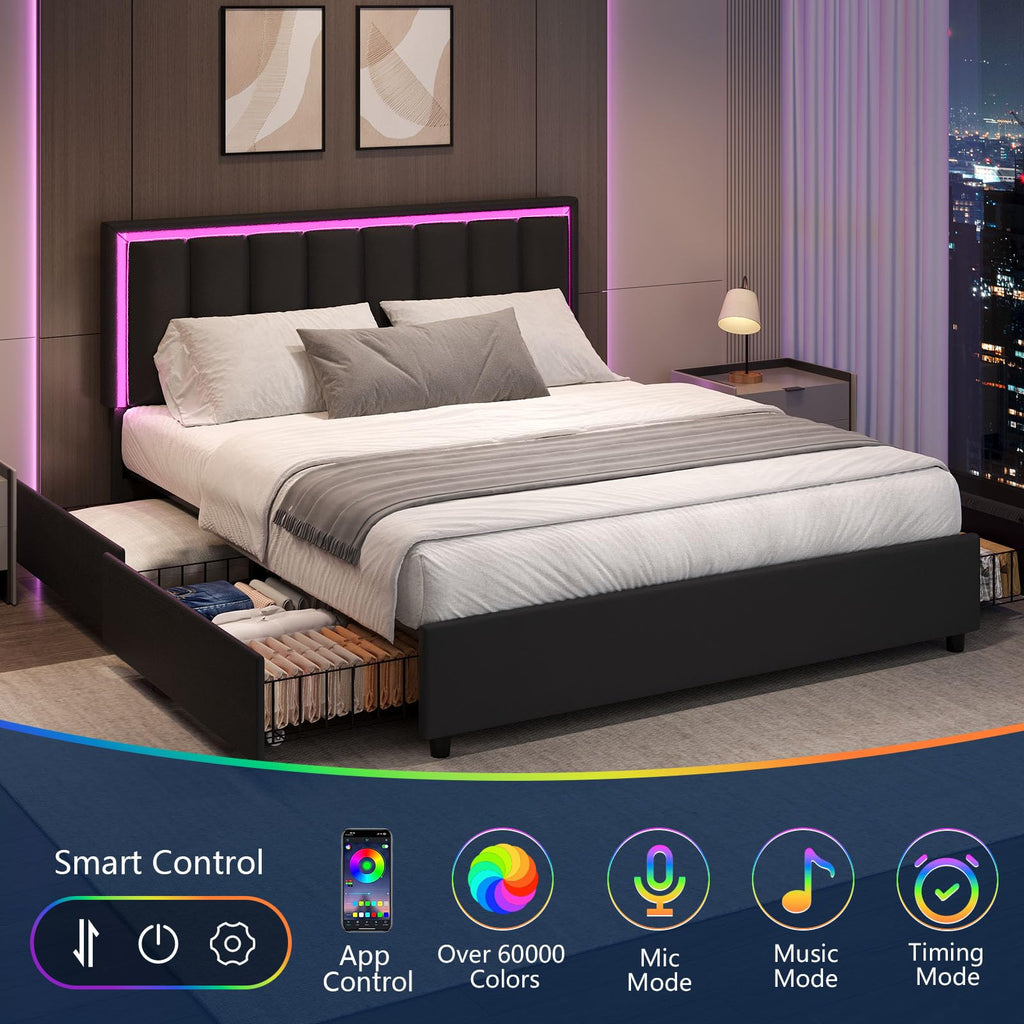 Black Full Size Upholstered Bed Frame with 4 Drawers and LED Lights Q54159