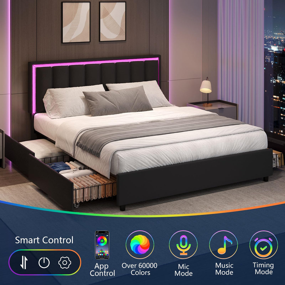 Black Full Size Upholstered Bed Frame with 4 Drawers and LED Lights Q54159