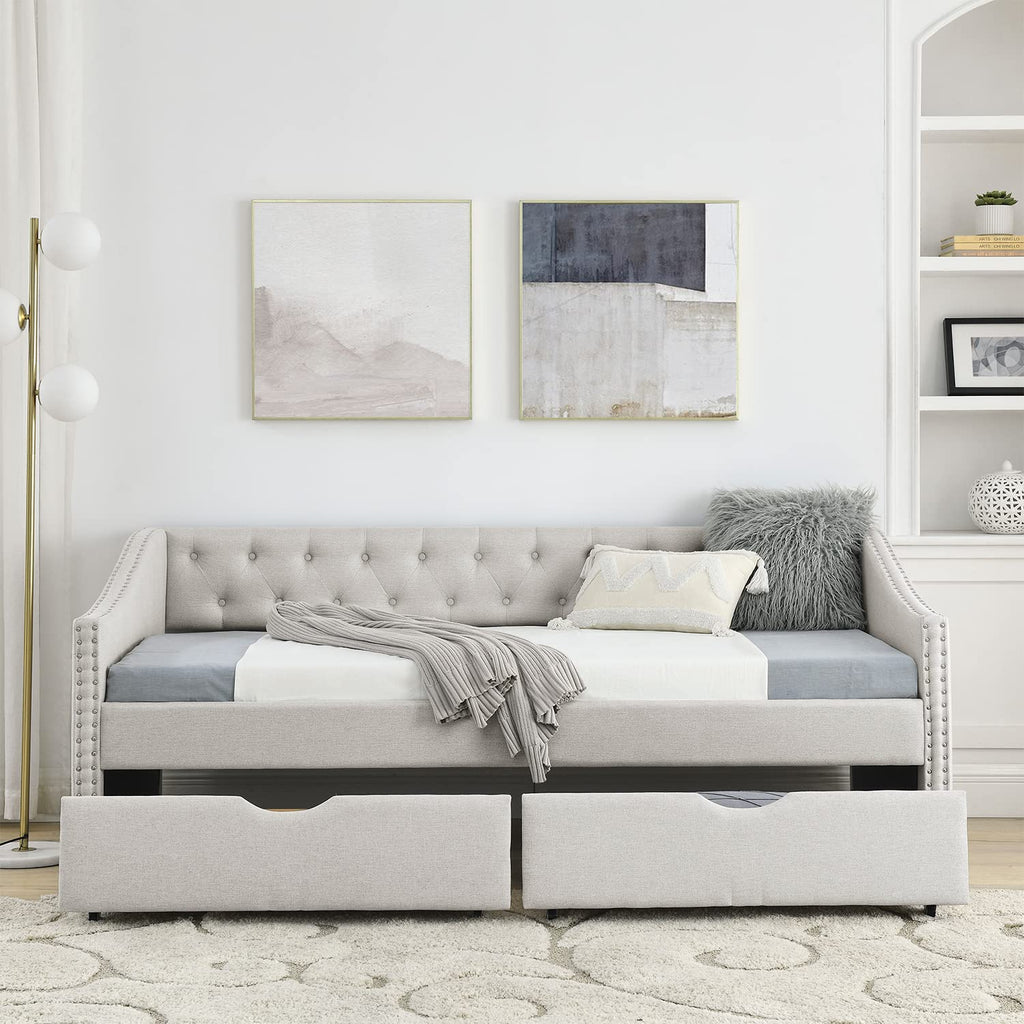 Beige Twin Size Upholstered Daybed with Drawers B876163