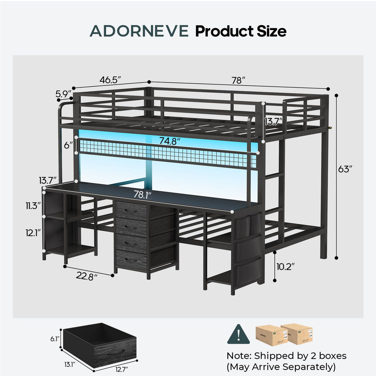 Twin Over Twin Bunk Bed with Desk and LED Lights A838177