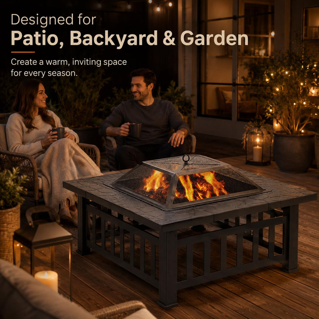 32 Inch Square Metal Wood Burning Fire Pit with Spark Screen and Poker U434046