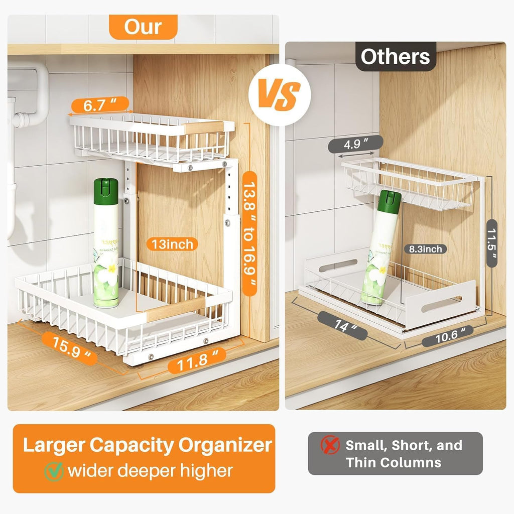 Adjustable 2 Tier Pull Out Under Sink Organizer, White, 2 Pack Y364904