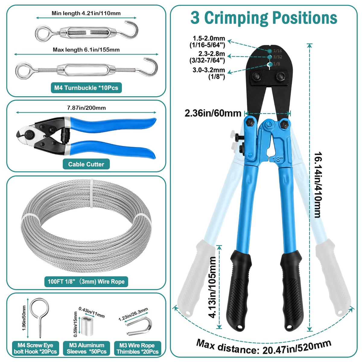 1/8 Wire Rope Kit, 100ft Stainless Steel Cable with Crimping Tool & Cutter M961