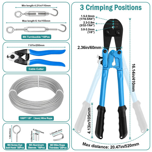 1/8 Wire Rope Kit, 100ft Stainless Steel Cable with Crimping Tool & Cutter M961
