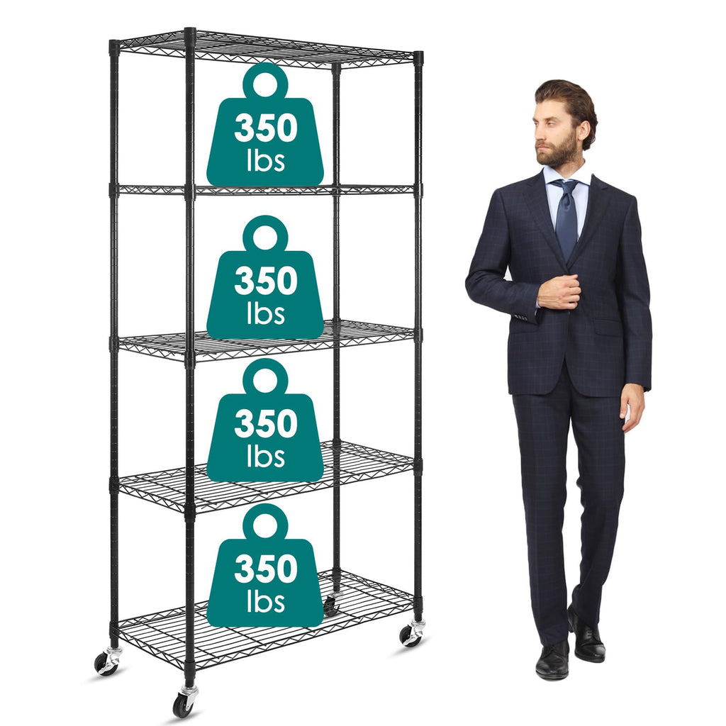 5-Shelf Adjustable Heavy Duty Metal Shelving Unit with Wheels, Black B57096