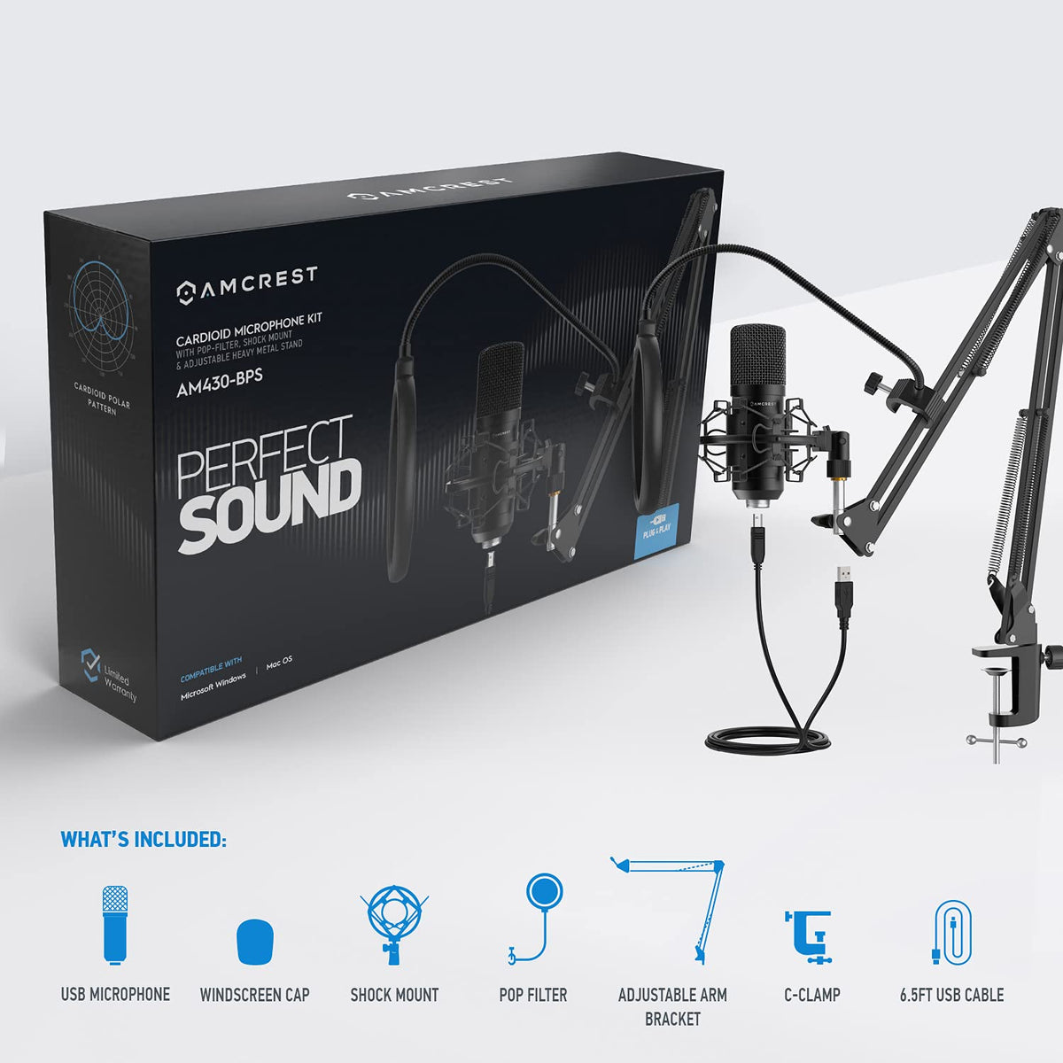 USB Microphone with Boom Arm, Pop-Filter, Shock Mount J654