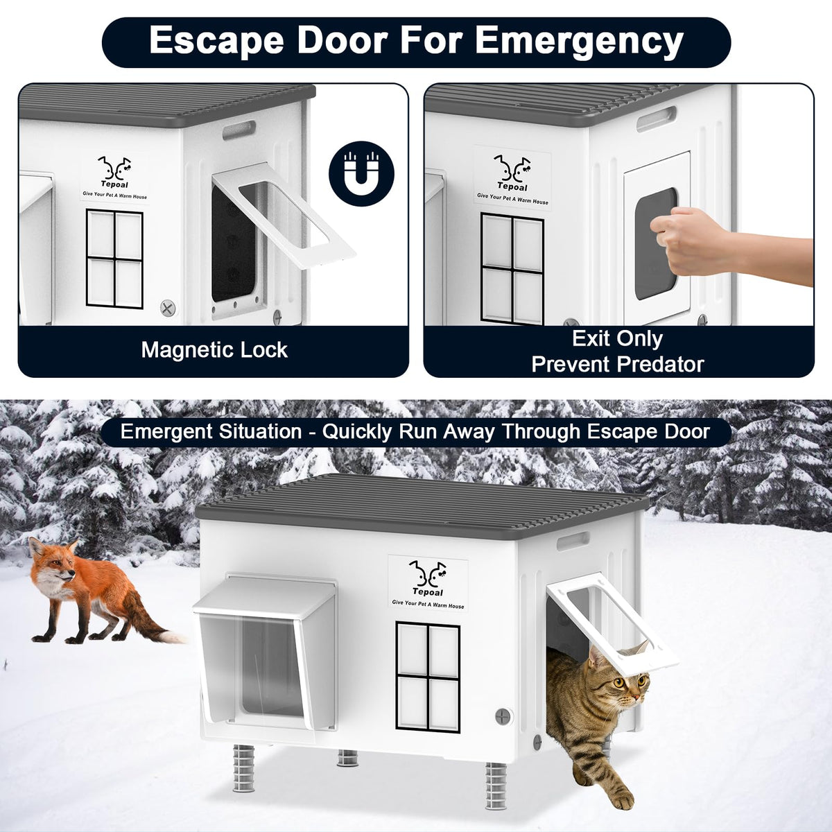 Large 100% Weatherproof Heated Outdoor Cat House with Escape Door F3358