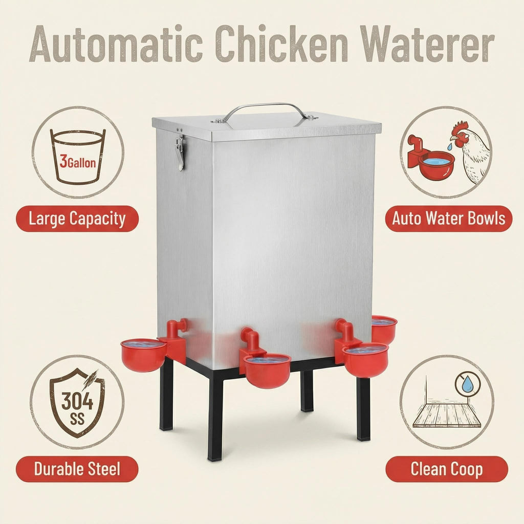 3 Gallon Stainless Steel Chicken Waterer with Cups & Nipples R3068