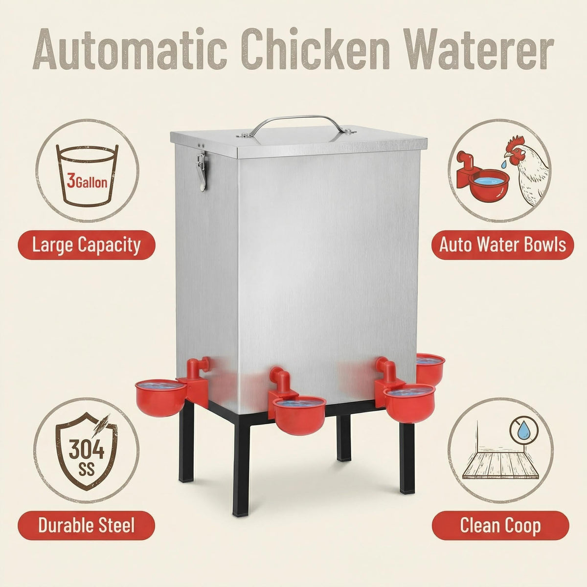 3 Gallon Stainless Steel Chicken Waterer with Cups & Nipples R3068