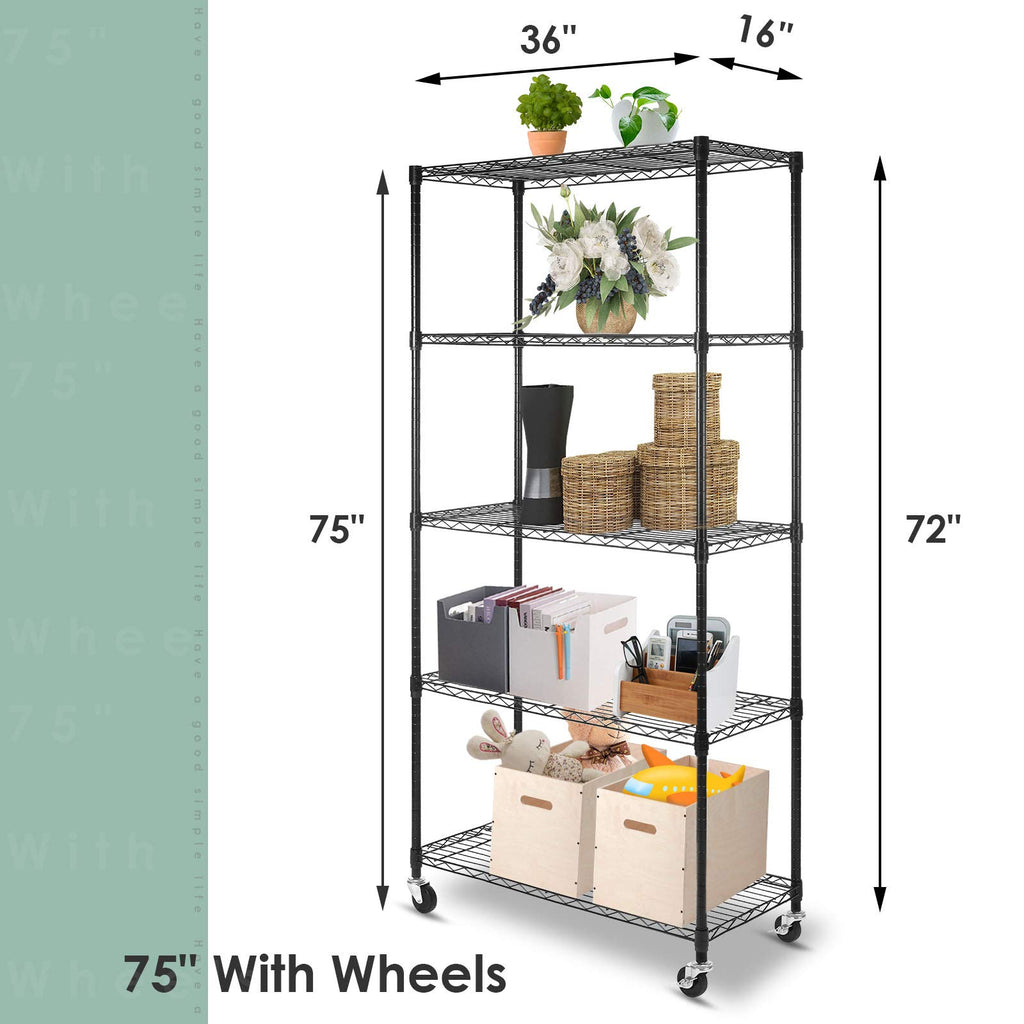5-Shelf Adjustable Heavy Duty Metal Shelving Unit with Wheels, Black B57096