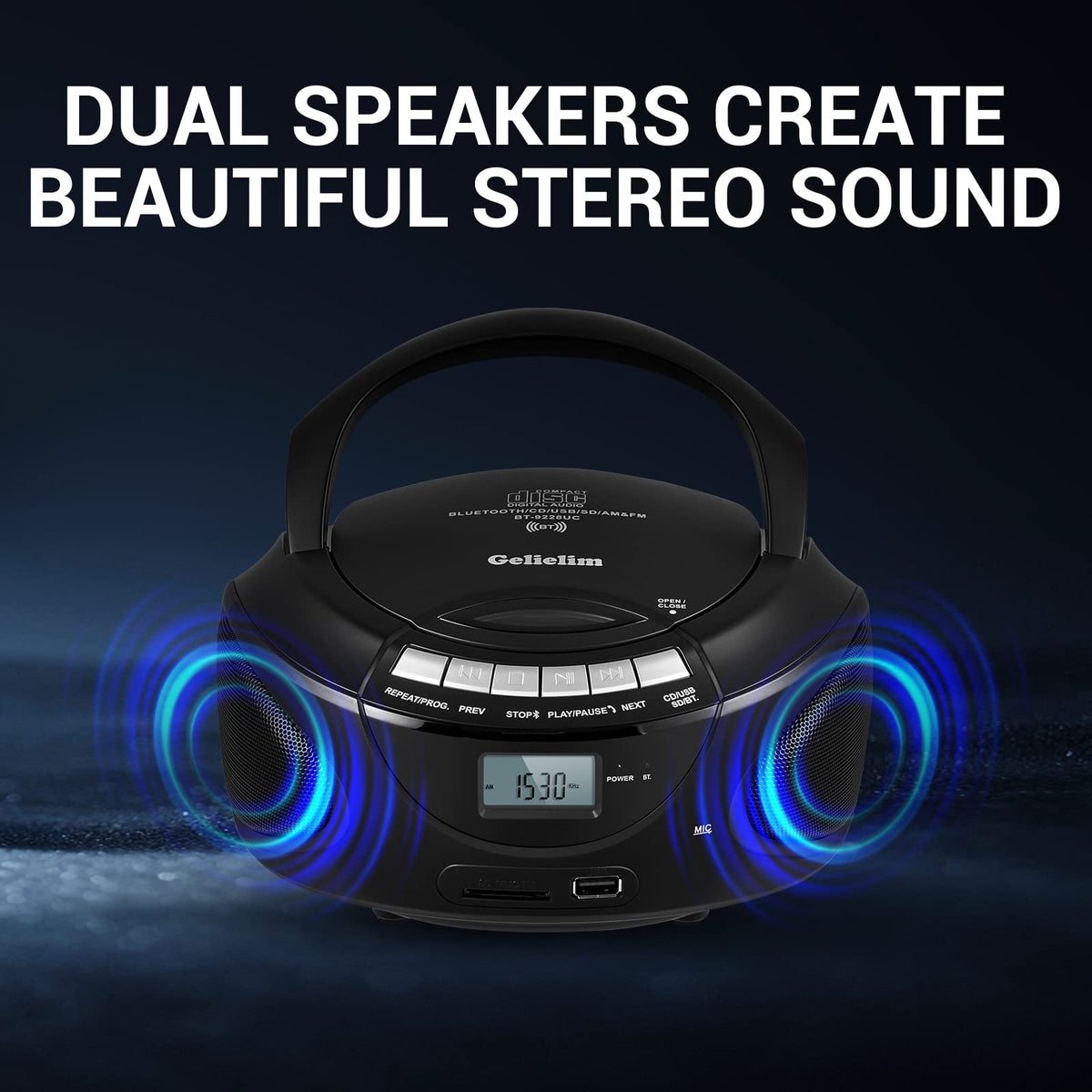 Portable CD Boombox with AM/FM Radio, Bluetooth, USB, SD Card, LCD Display, Black D933148