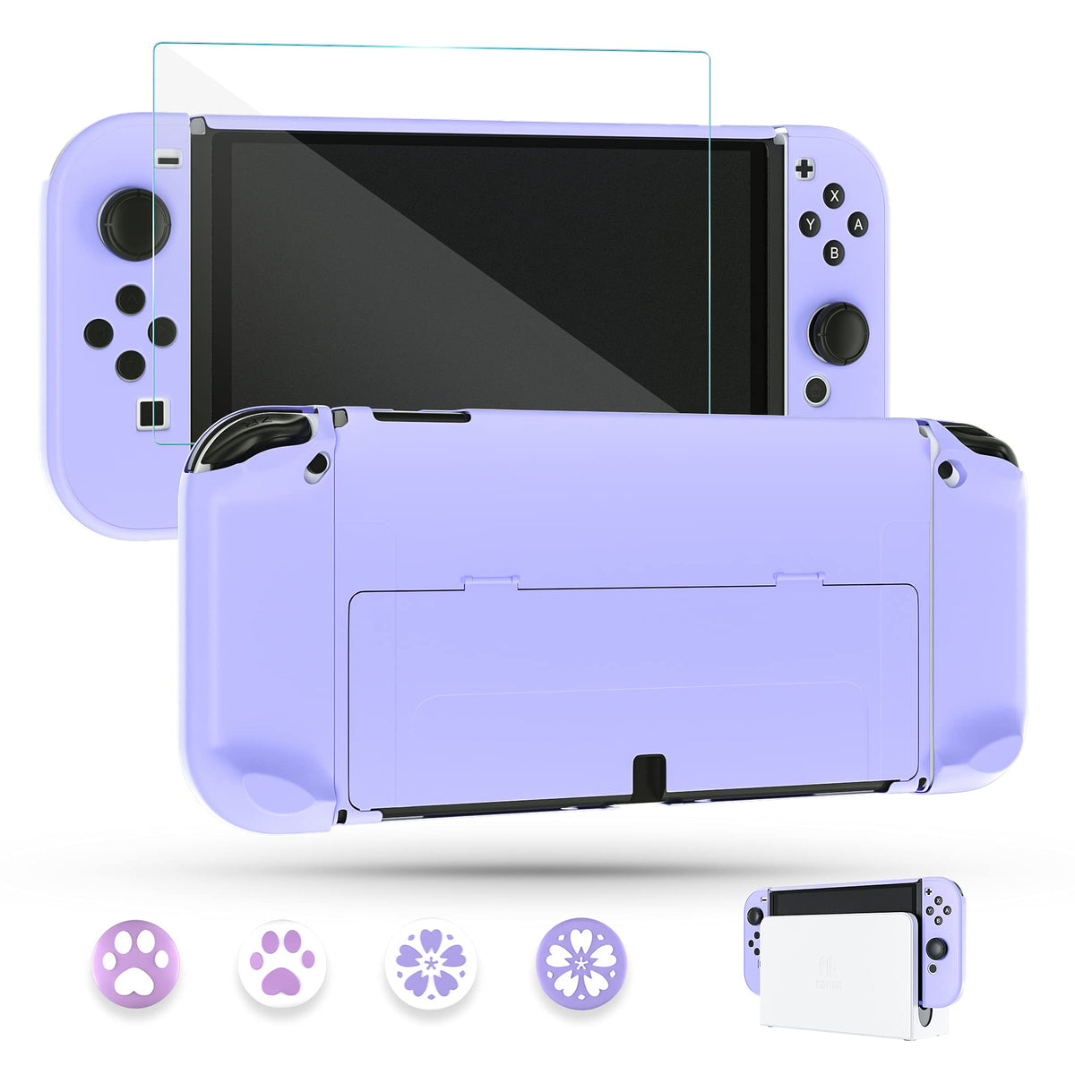 Purple Case for Nintendo Switch OLED Model with Screen Protector and 4 Thumb Grip Caps J270746