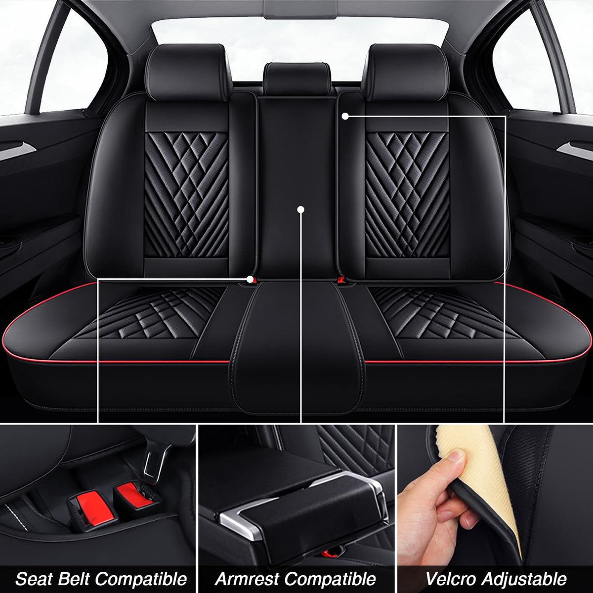 Black-Red Leather Car Seat Covers Full Set M59788