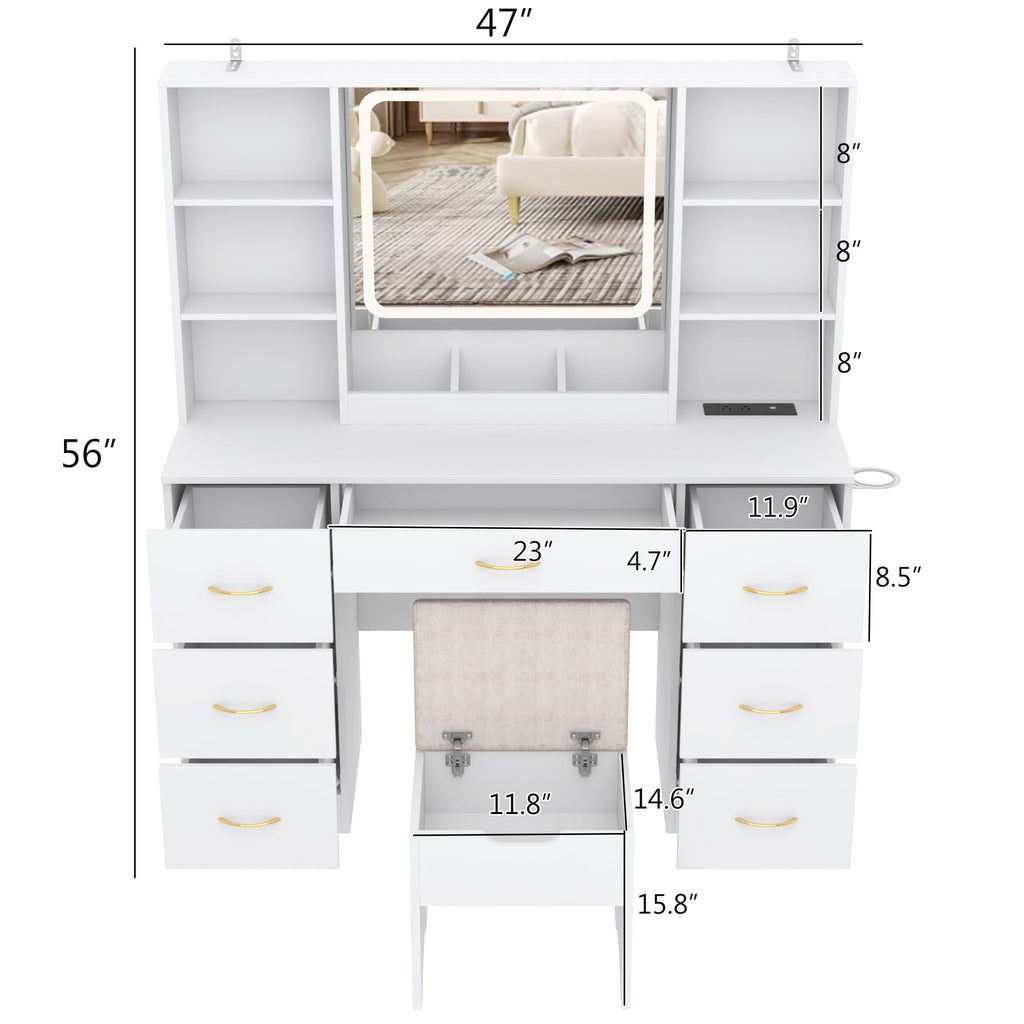 White 47" Makeup Vanity Desk with LED Mirror, Stool & 7 Drawers O321547