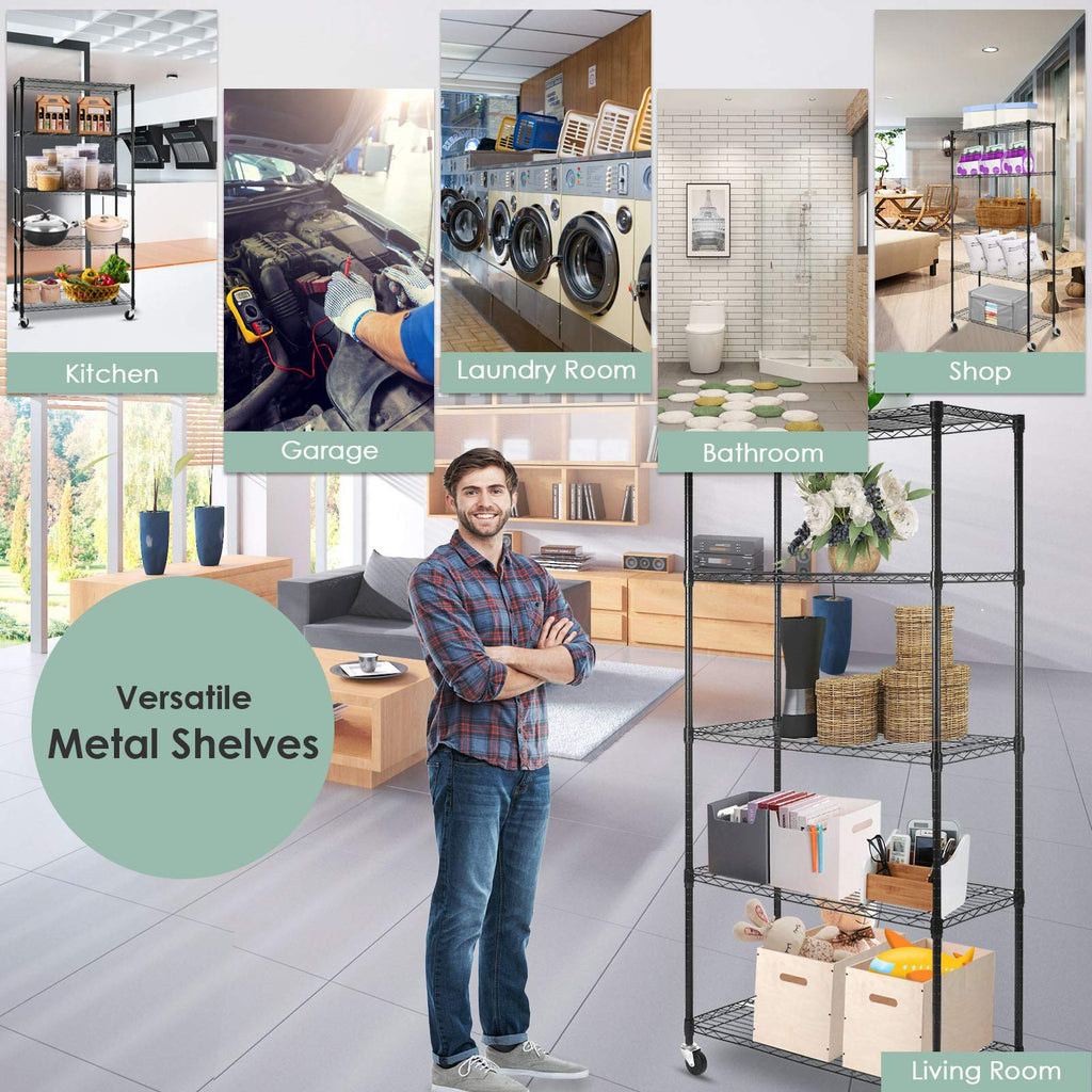 5-Shelf Adjustable Heavy Duty Metal Shelving Unit with Wheels, Black B57096