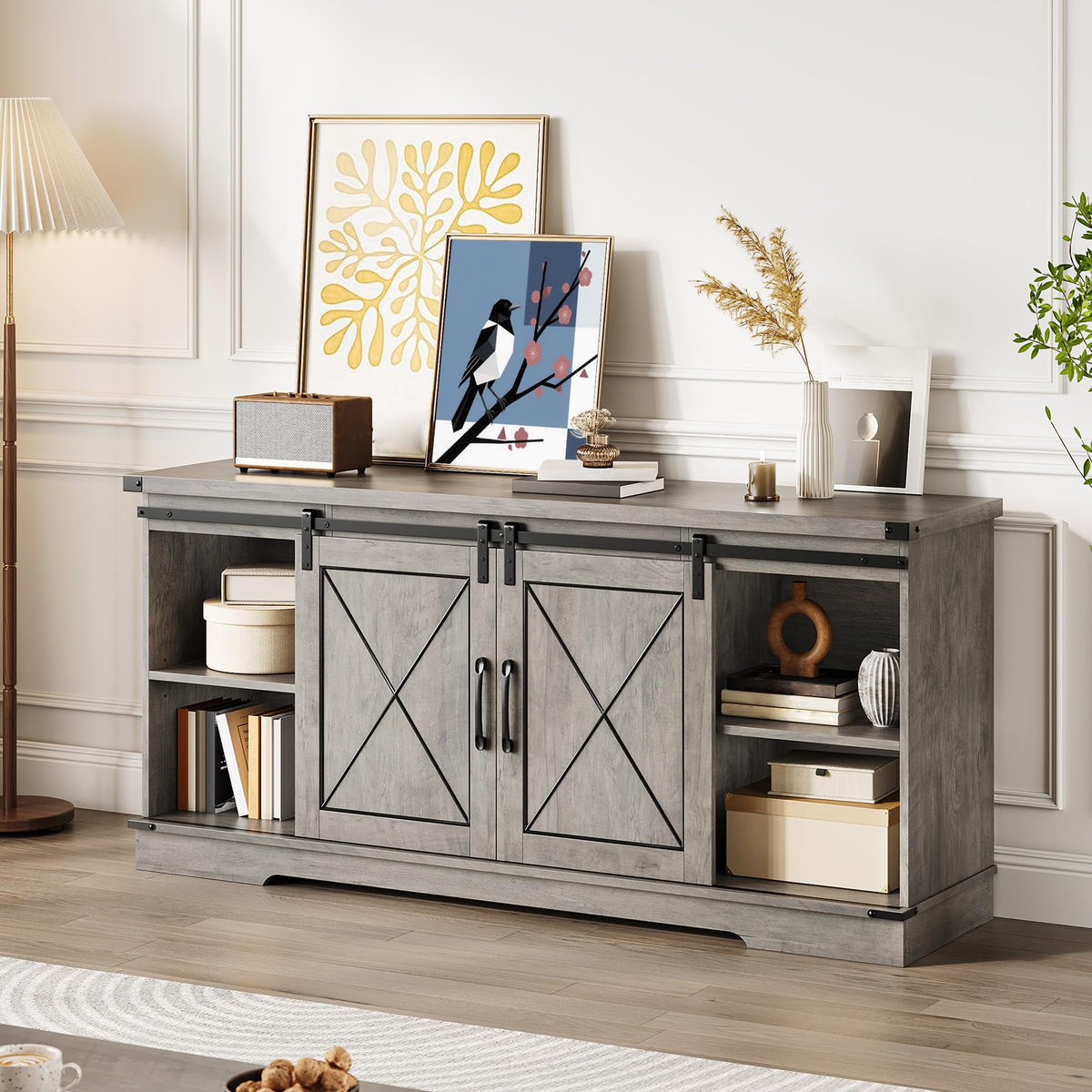 Farmhouse TV Stand with Sliding Barn Doors and Storage Cabinets J6586