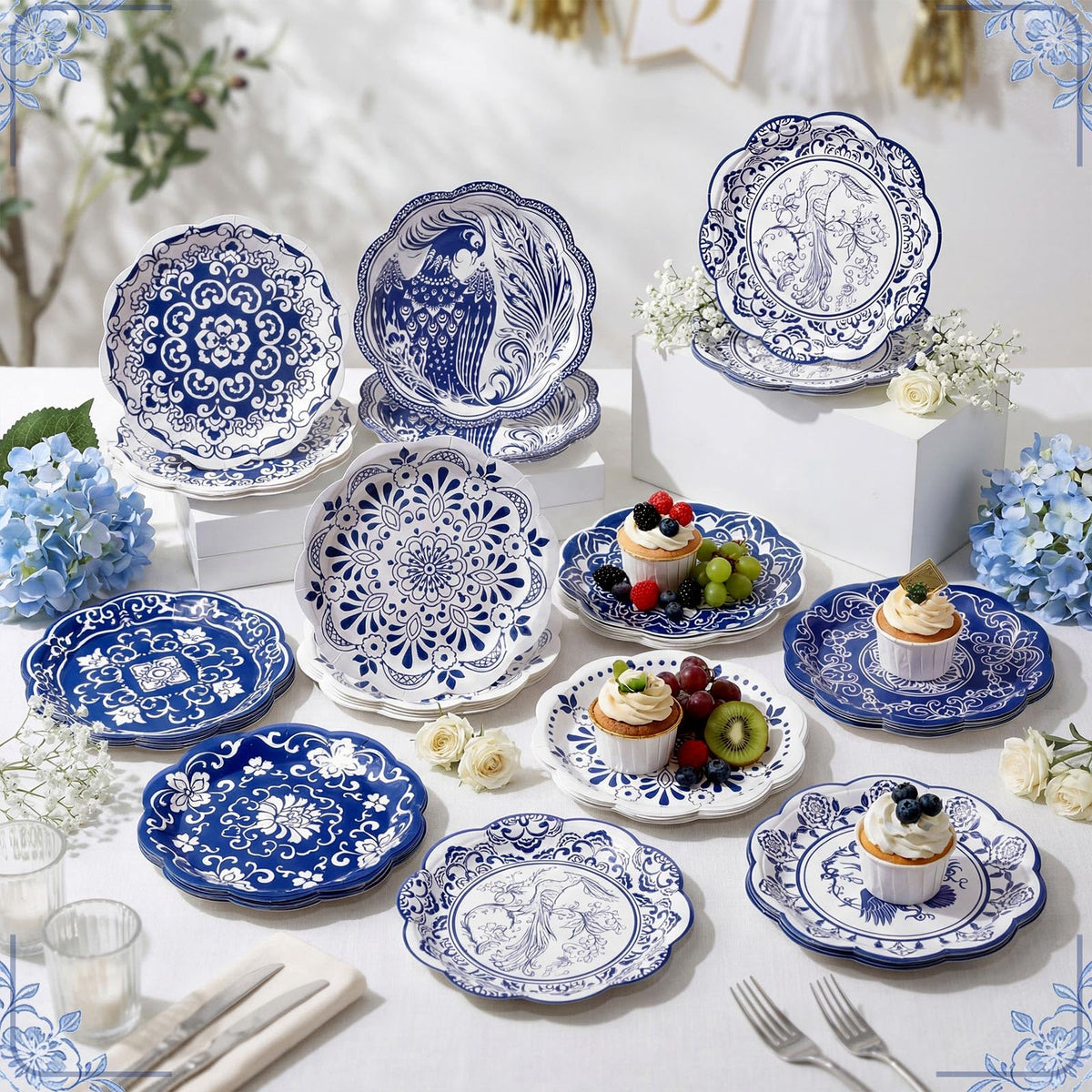 120 Pieces 7 Inch Blue Floral Paper Plates D63459