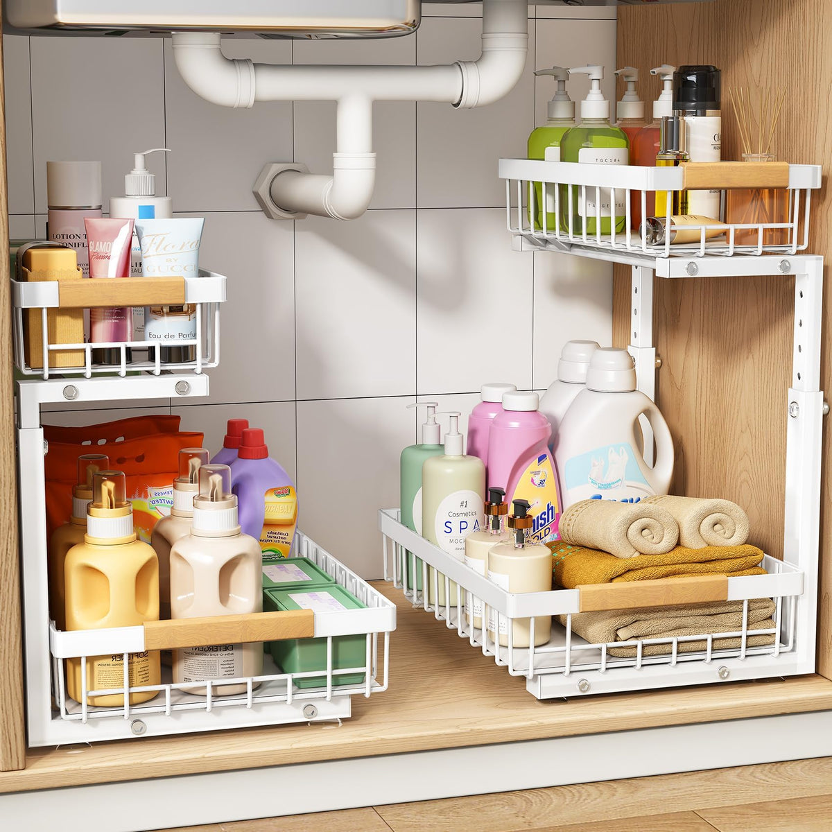 Adjustable 2 Tier Pull Out Under Sink Organizer, White, 2 Pack Y364904