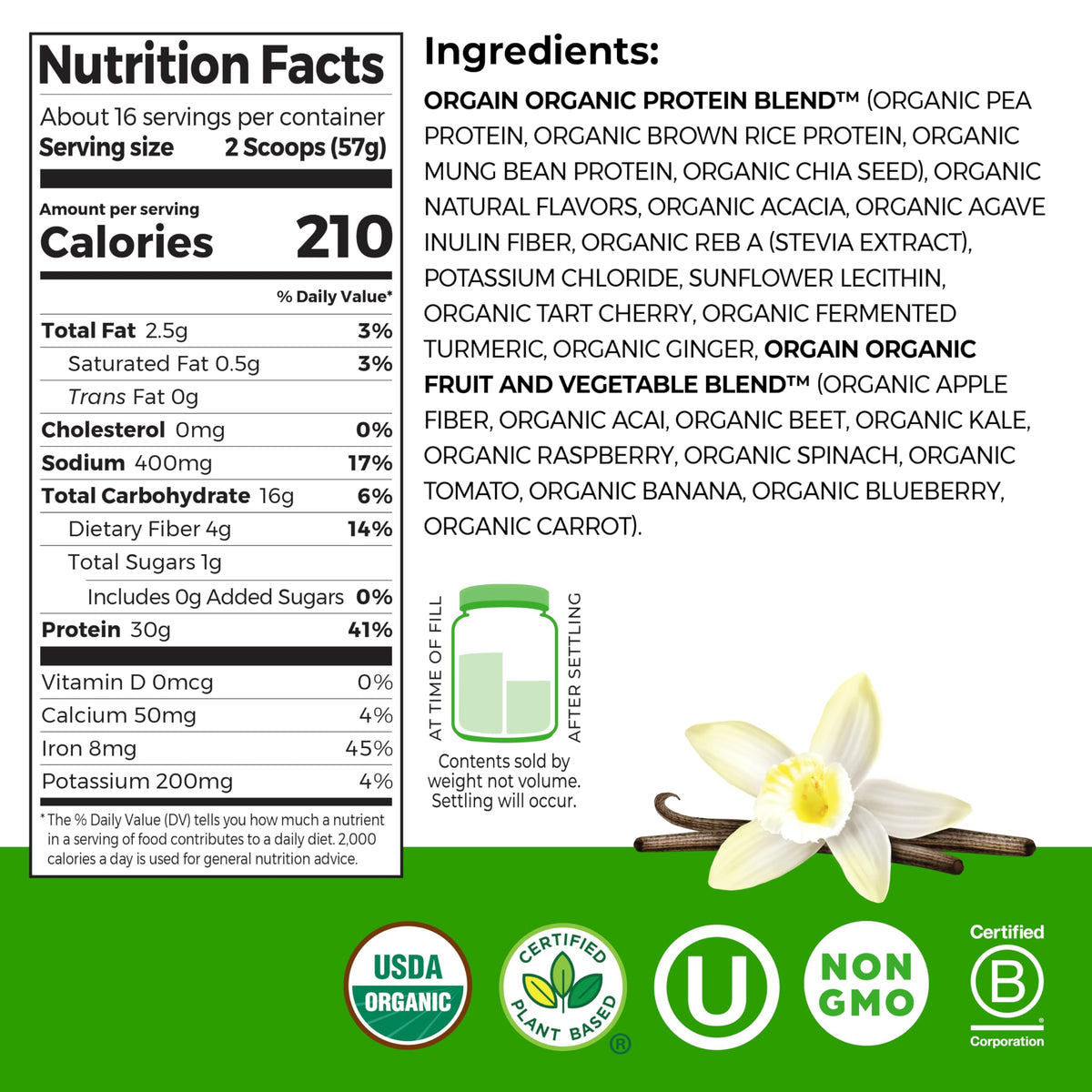 Organic Vegan 30g High Protein Powder Vanilla 2.01 lb J559114