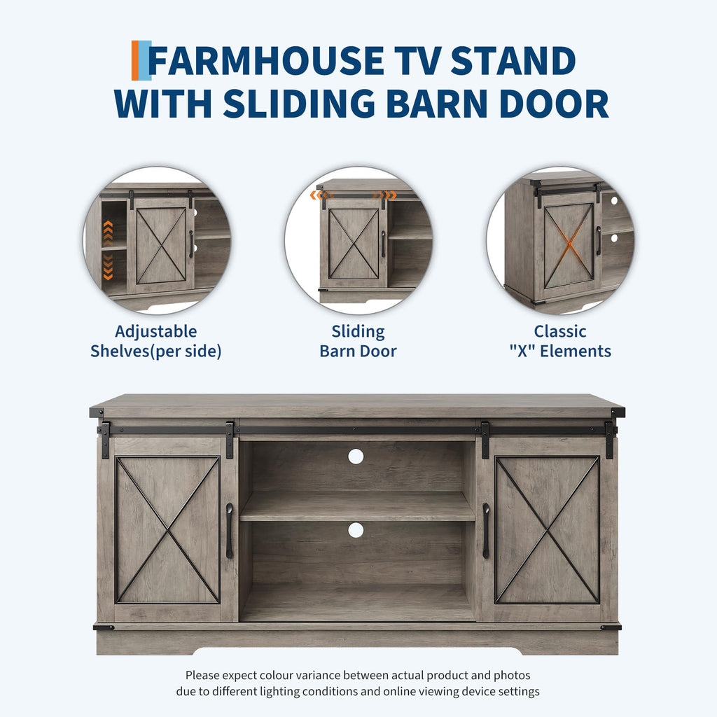 Farmhouse TV Stand with Sliding Barn Doors and Storage Cabinets J6586