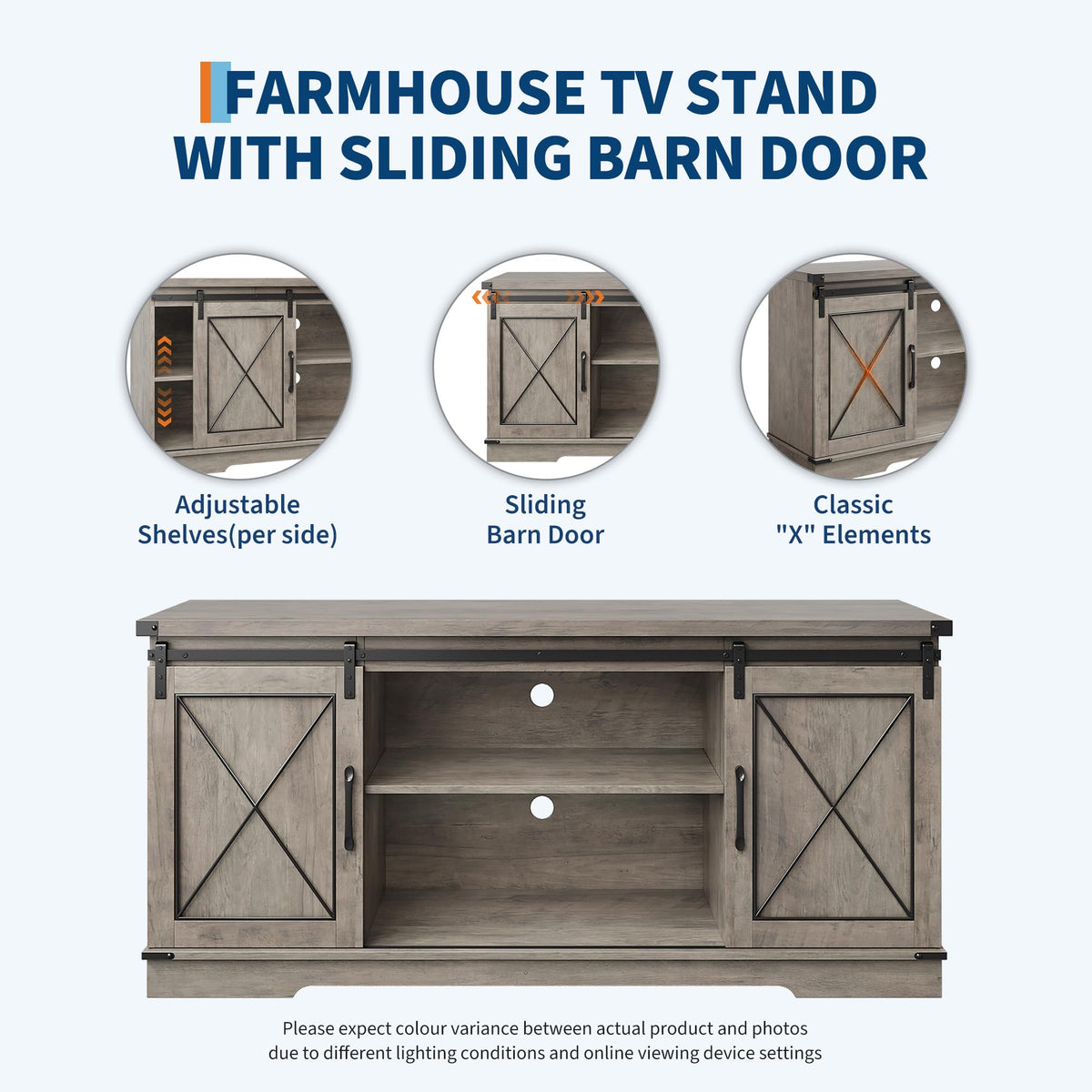 Farmhouse TV Stand with Sliding Barn Doors and Storage Cabinets J6586