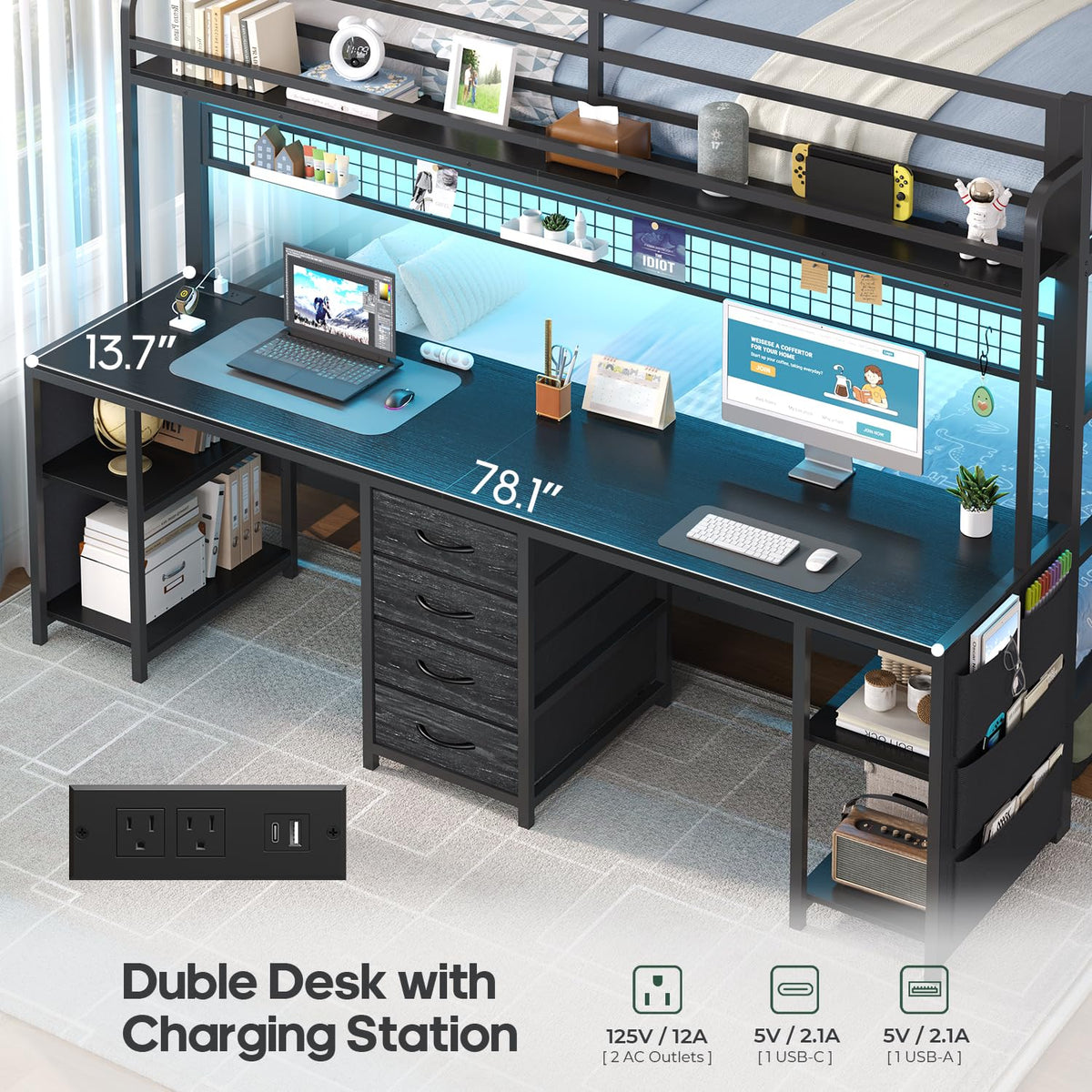Twin Over Twin Bunk Bed with Desk and LED Lights A838177